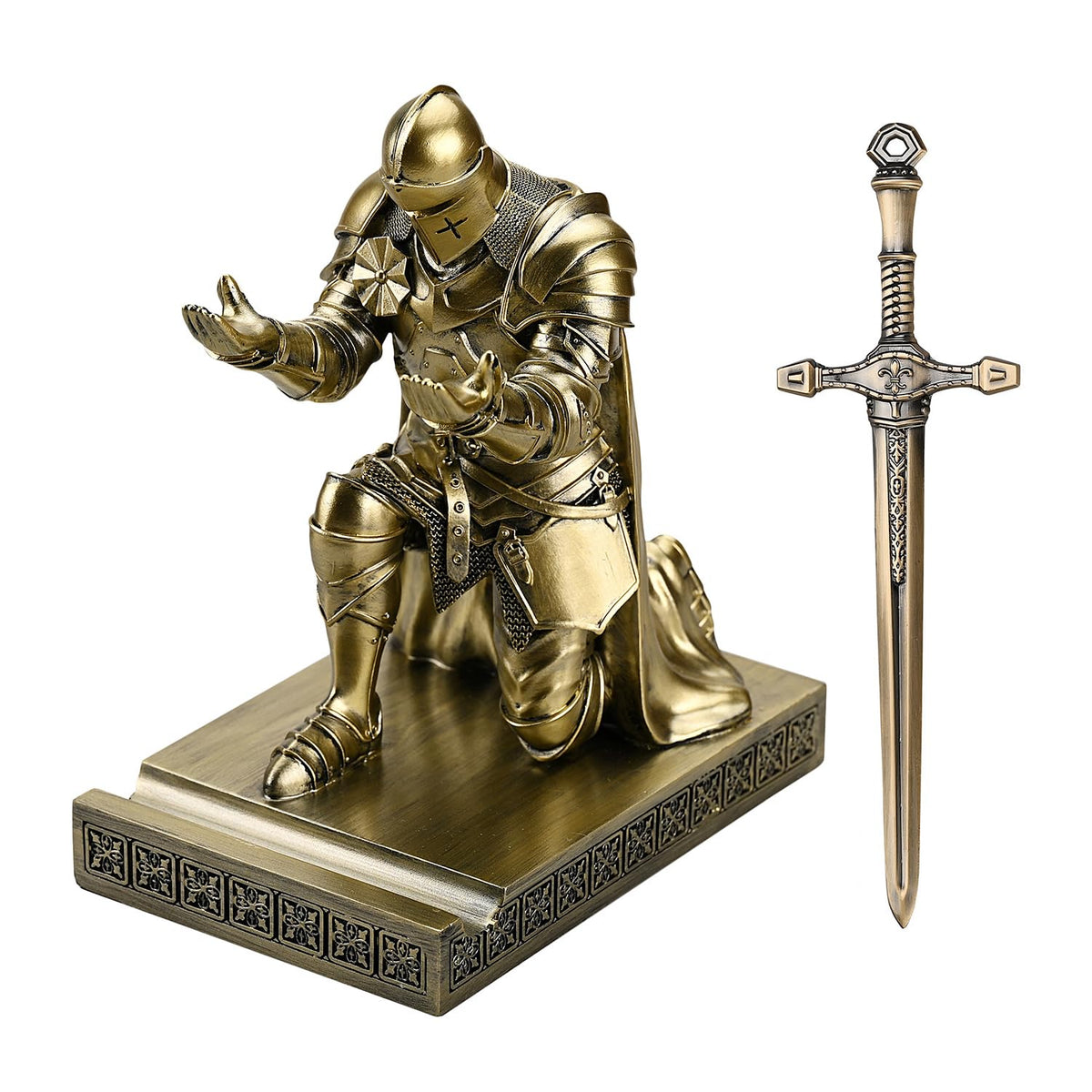 Medieval Armored Knight Pen Holder Figurine Paperweight Phone Stand Bronze