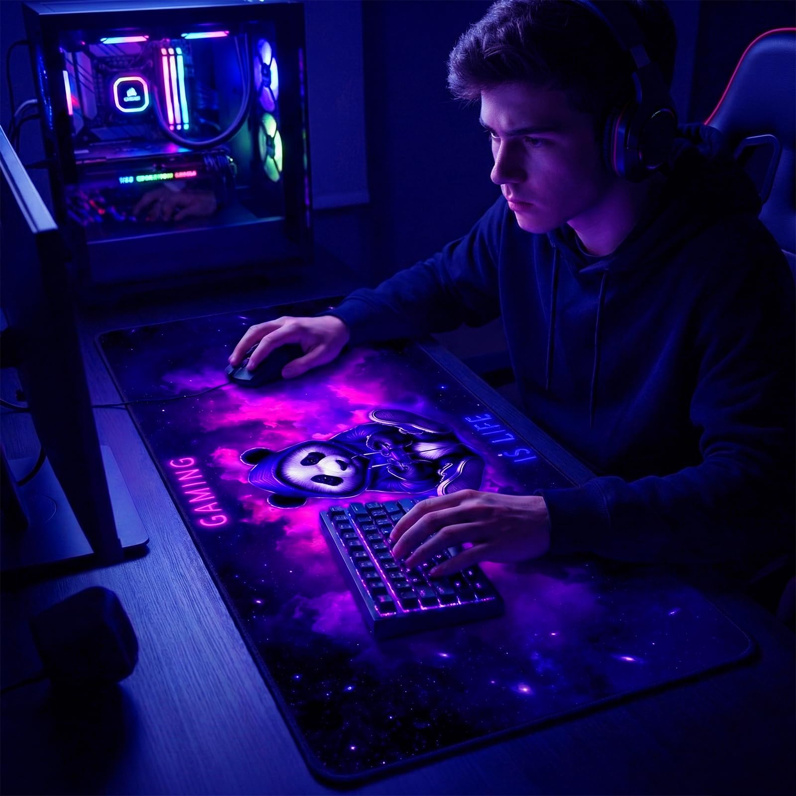 SparkLia Blacklight Gaming Mouse Pad – UV Reactive Neon Panda Gamer Design, Glow in The Dark RGB