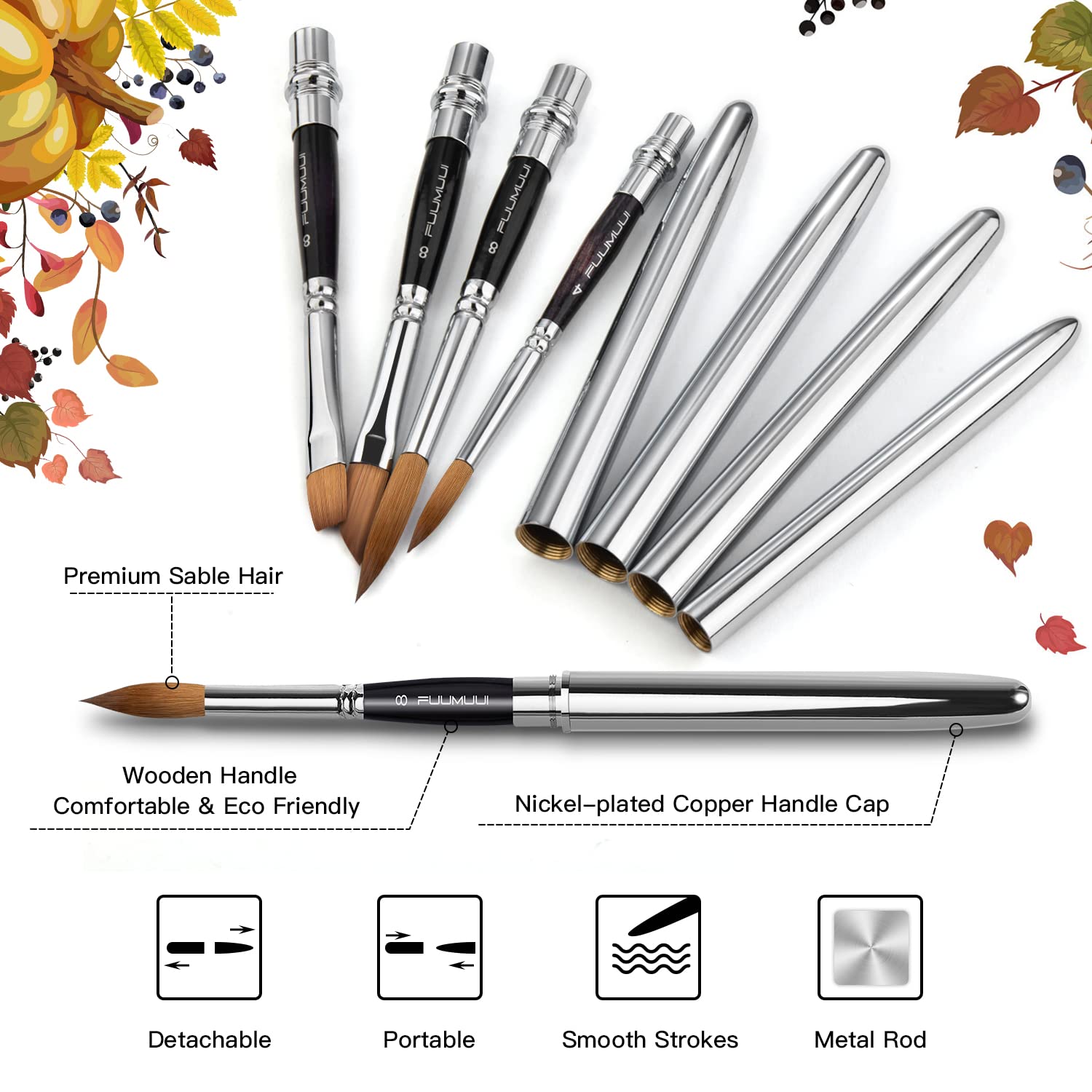 Sable Travel Watercolor Brushes, Fuumuui 4pcs Kolinsky Sable Watercolor Travel Brushes with Leather