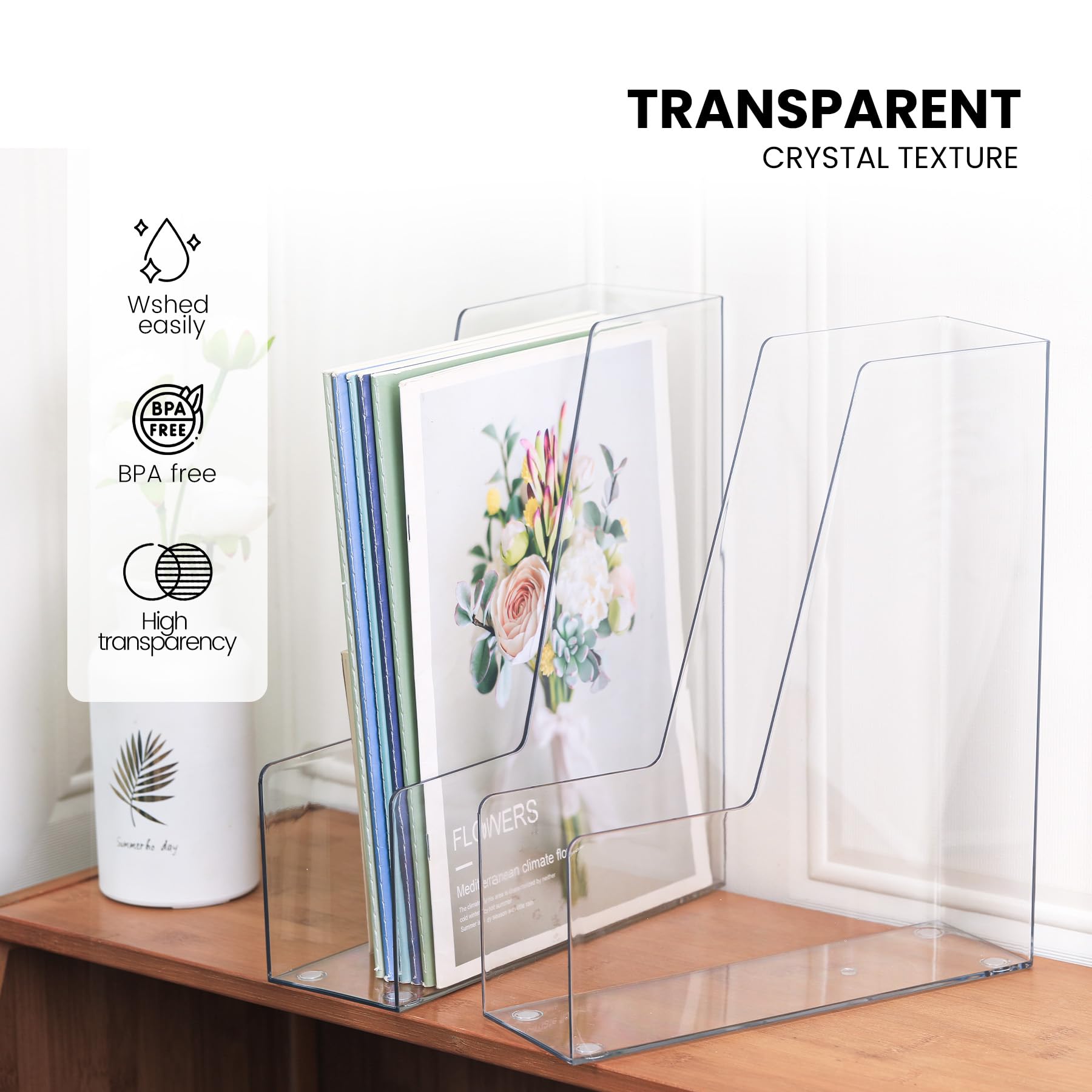 Clear Vertical Magazine File Holder, Plastic Desk Organizer Binder, 4PC