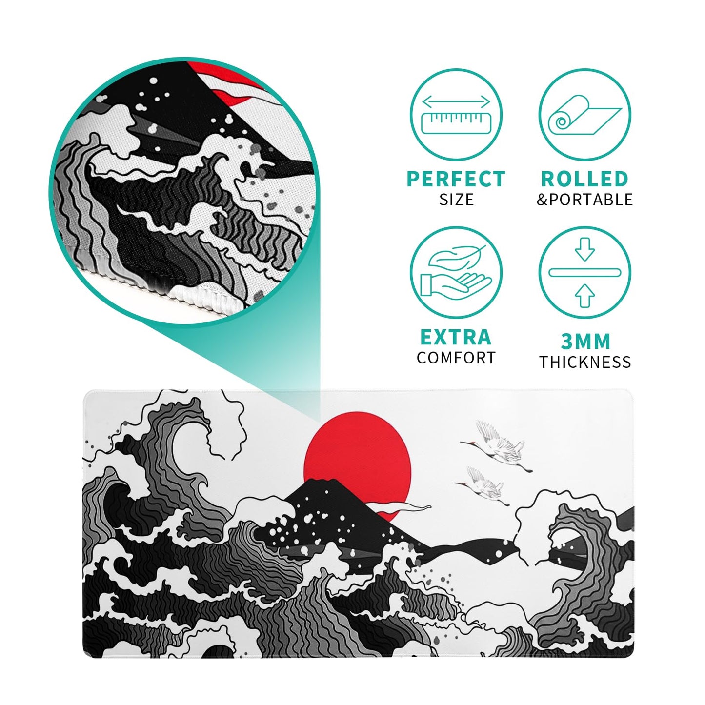 Japanese Red and Black Wave Gaming Mouse Pad Extended Large Mouse Mat Desk Pad Sea Texture Non-Slip