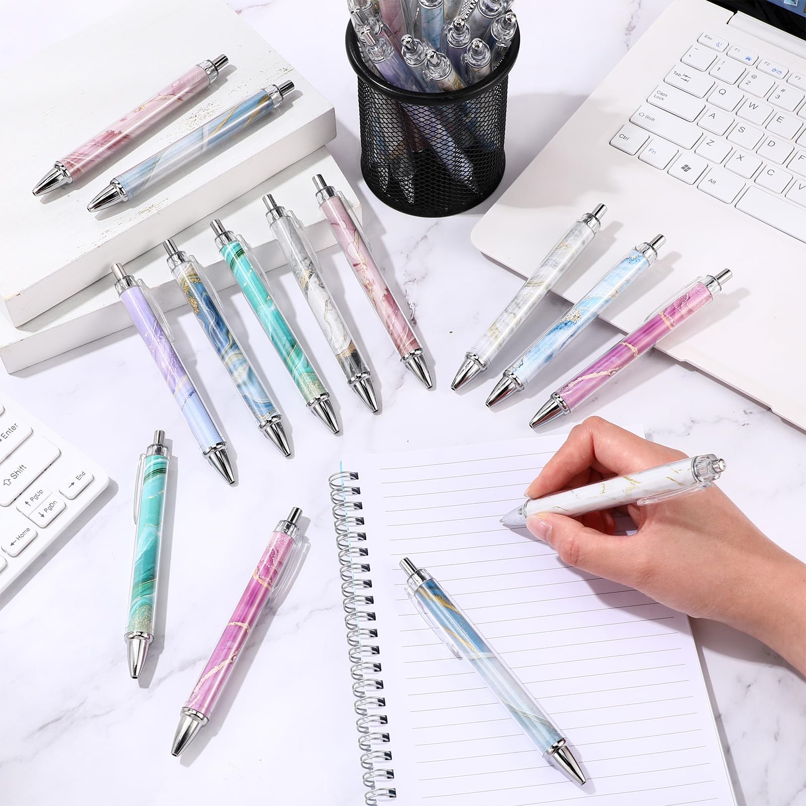 TecUnite 30 Pcs Marble Ballpoint Pens for Women 1.00 mm Cute Black Ink Fancy Pens Fine Point Smooth