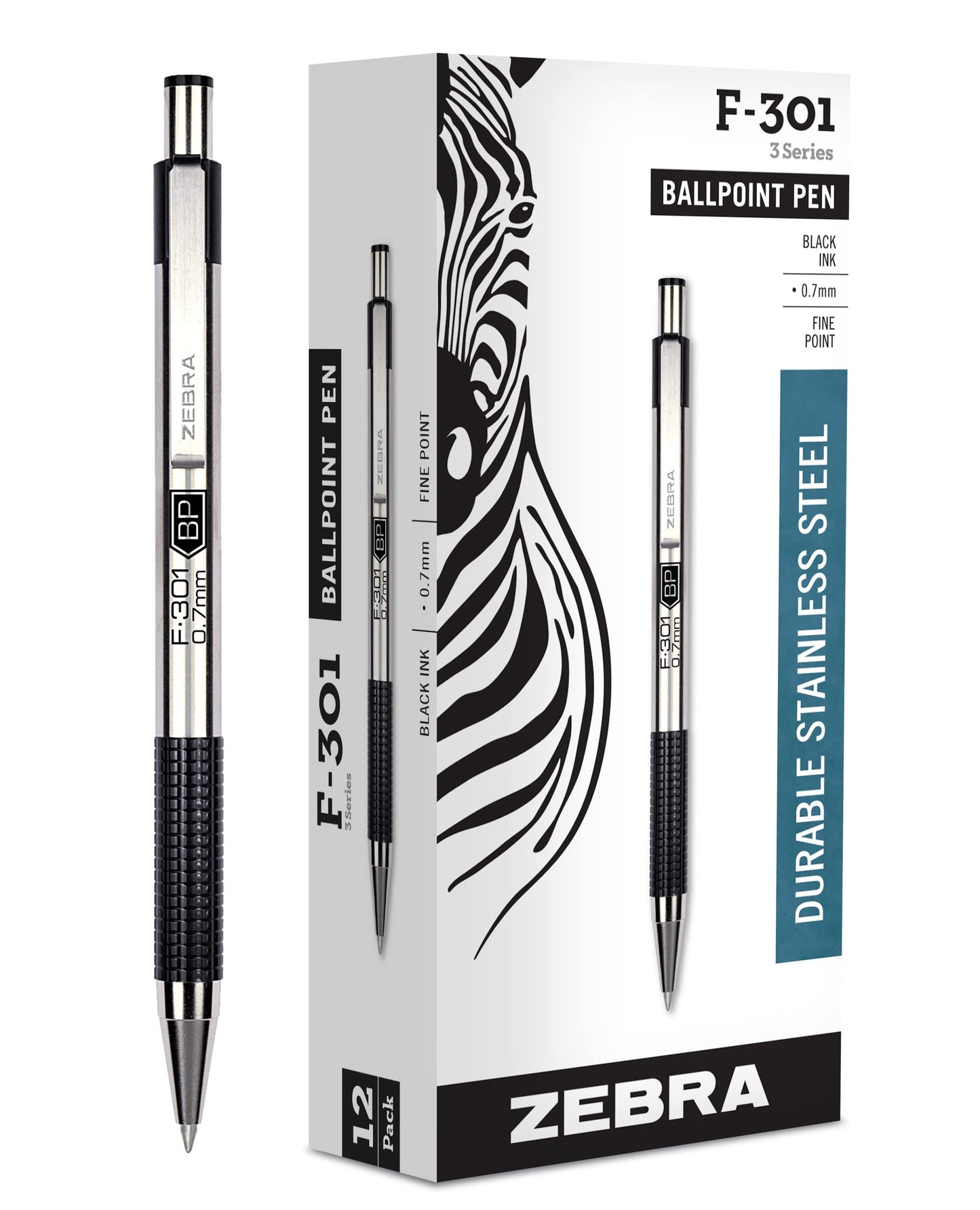 Zebra Pen STEEL F-301 Retractable Ballpoint Pen, Black Ink, 0.7mm, 12-Pack