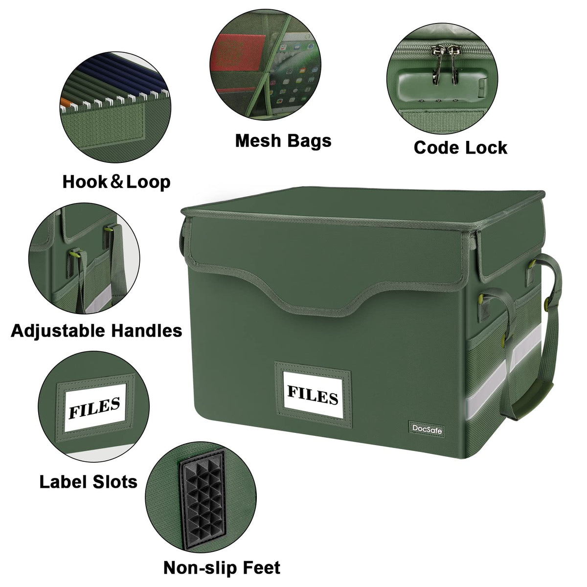 DocSafe Fireproof Document Box with Lock,File Storage Organizer with Mesh Pockets＆Lid,Collapsible