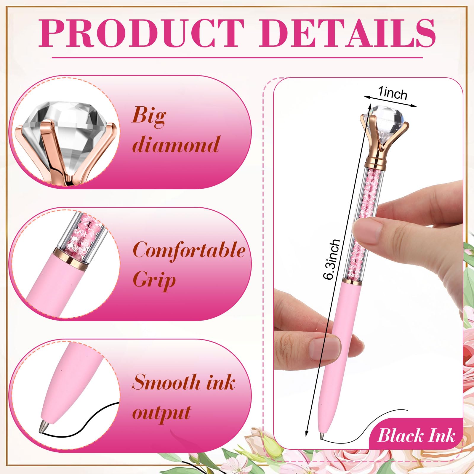 Sherr 100 Pack Crystal Diamond Pens Jewel pen Bulk, Pink, Glitter
