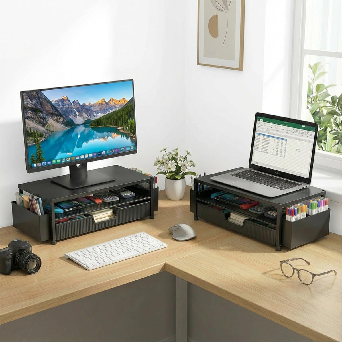 ECOLOVI Desk Organizer and Accessories, 2-Tier Computer Monitor Stand Rise with Storage Drawer & 2