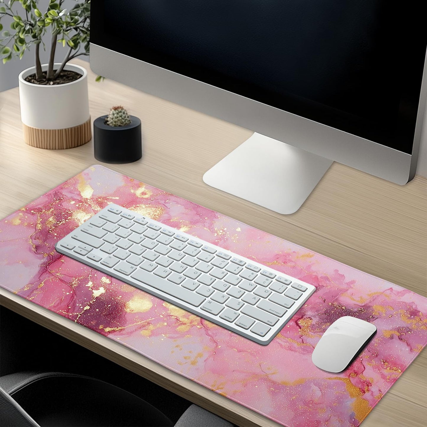 Gold Pink Marble Mouse Pad Extended Large 35.4x15.7in Coquette Kawaii Desk Mat Preppy Trendy
