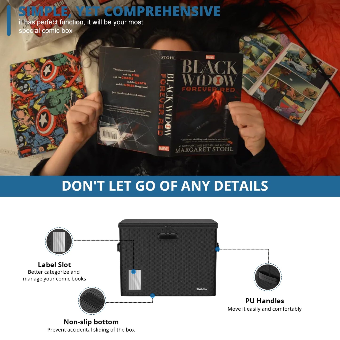 ELOBOON Fireproof Comic Book Storage Box for 300-350 Comics,Comic Bin