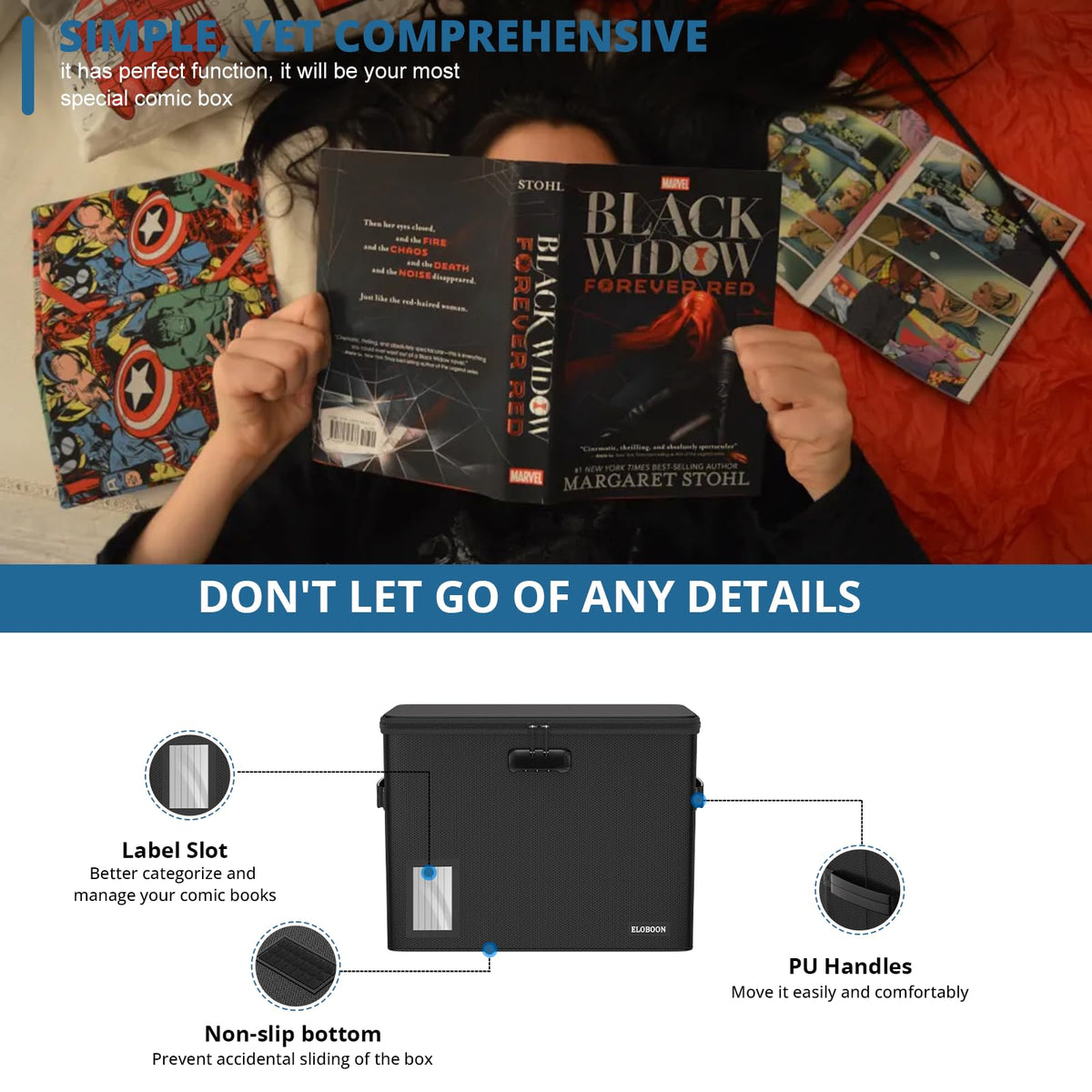 ELOBOON Fireproof Comic Book Storage Box for 300-350 Comics,Comic Bin