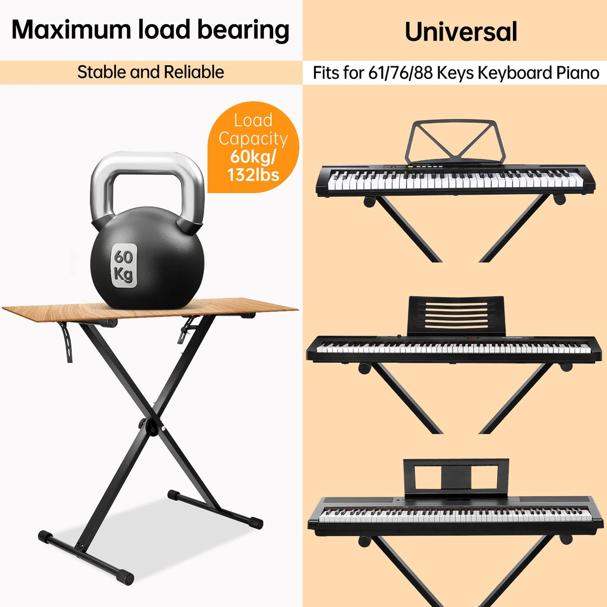 AODSK Single-X Keyboard Stand, 1-Second Adjust, Locking Straps, 61-88 Keys