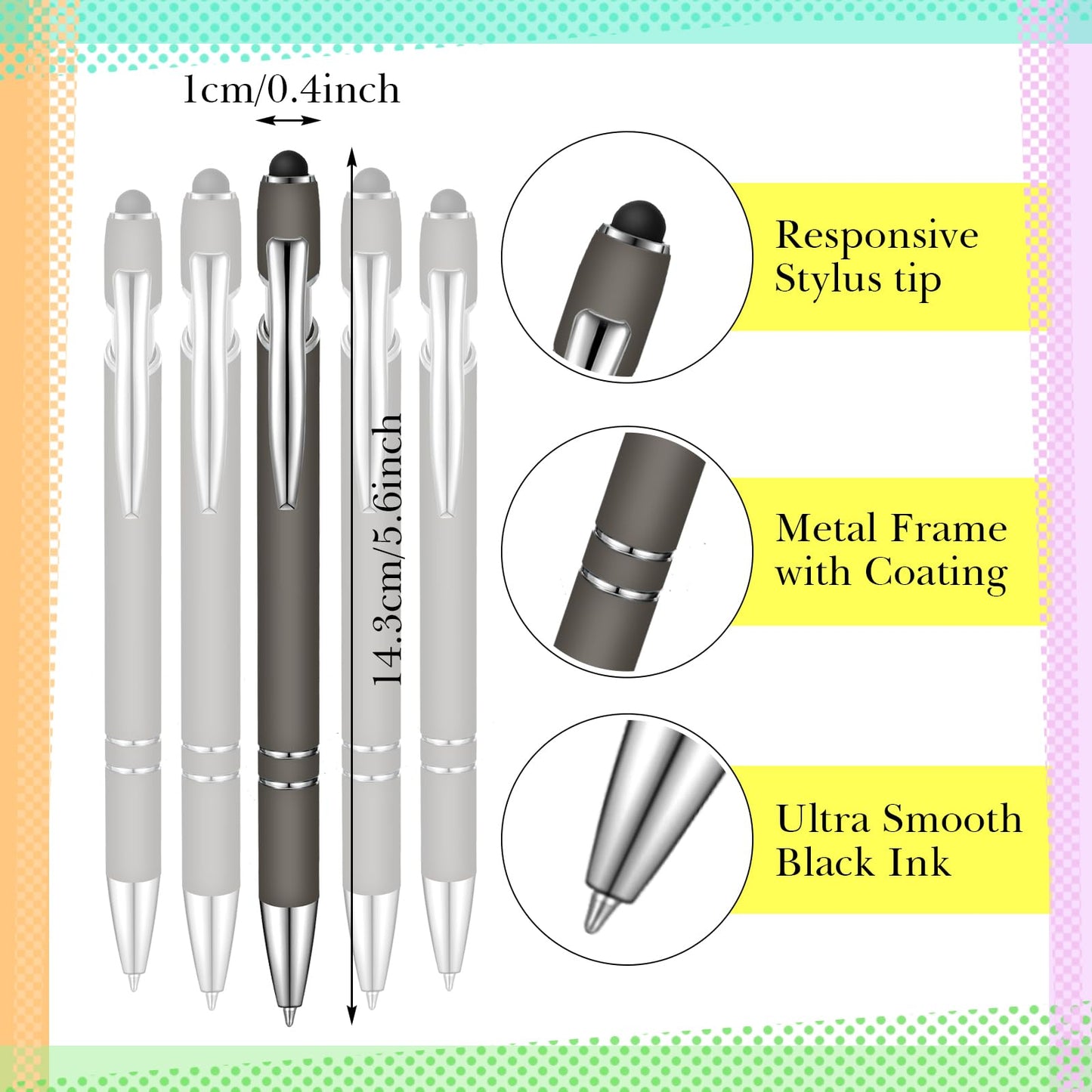 Zonon 38 Pcs Stylus Ballpoint Pens, Metal Rubberized Grip, Gray