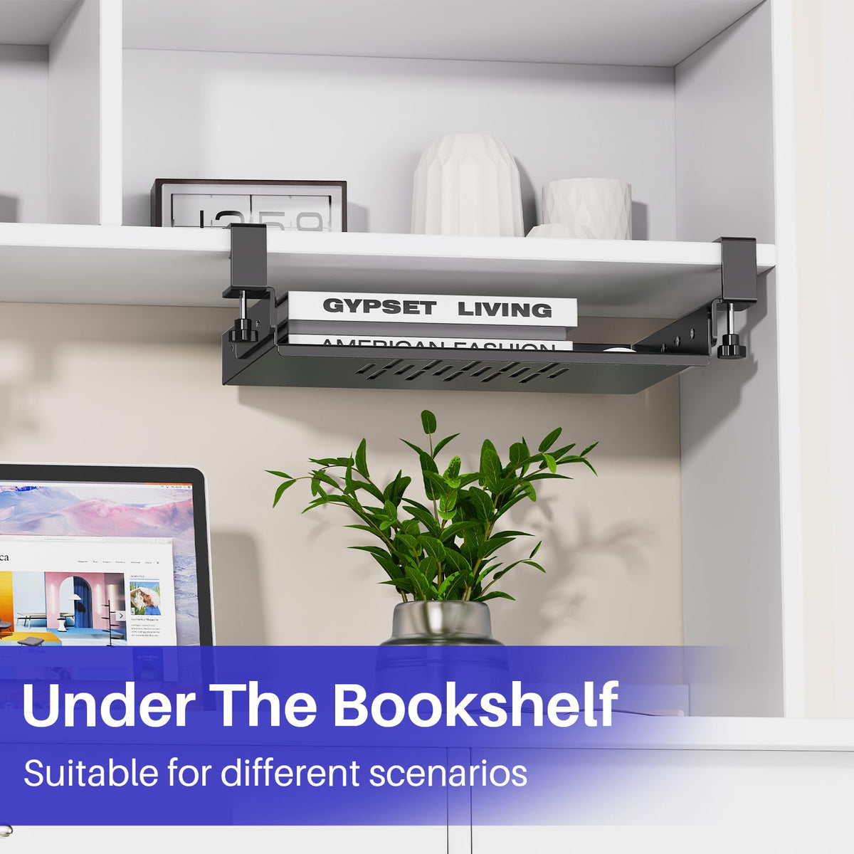 BYMECOST No Drill Under Desk Laptop Mount, Metal Under Desk Storage Shelf