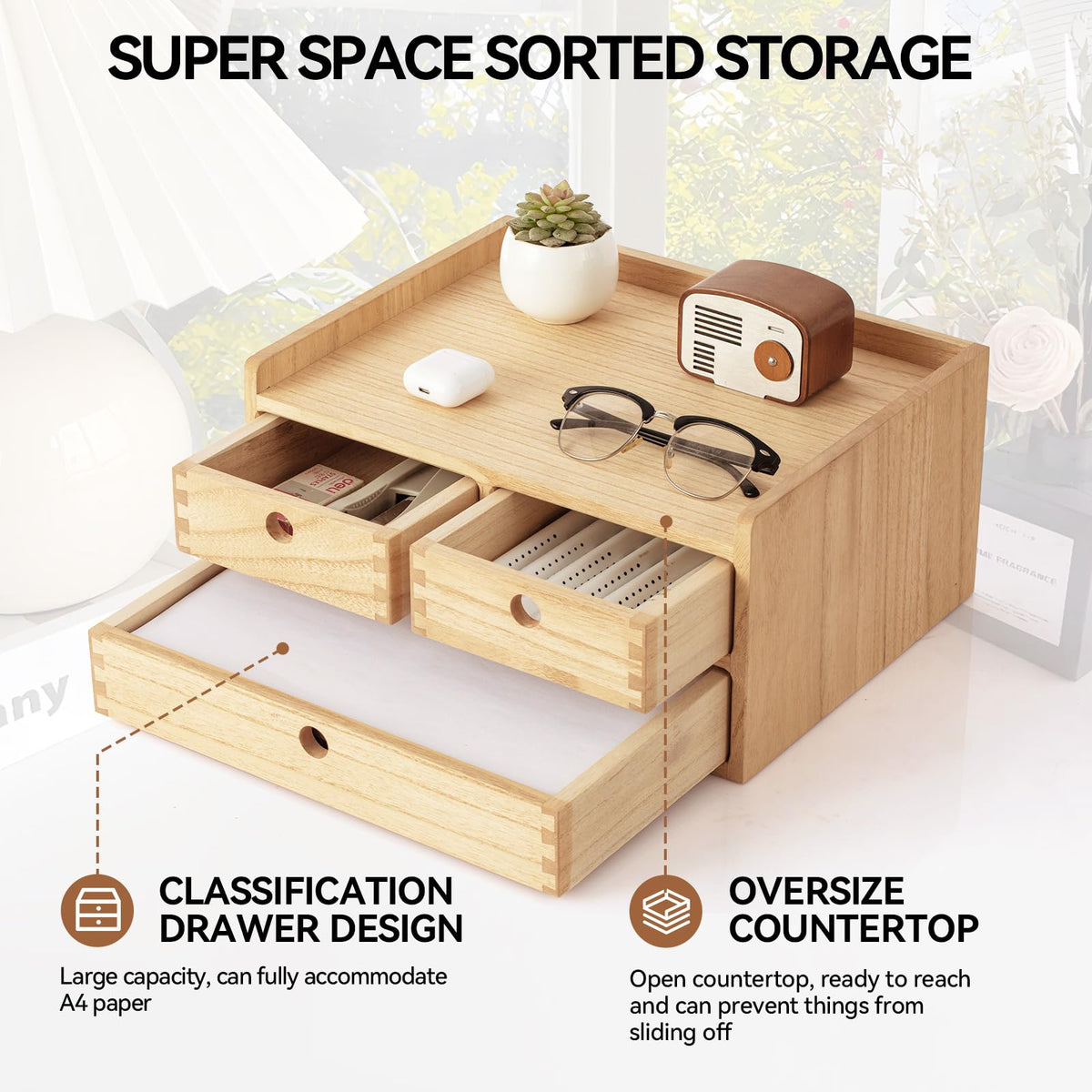 KIRIGEN Wooden Desk Organizer with 3 Drawers and Top Tray Natural DT2D3C-NA