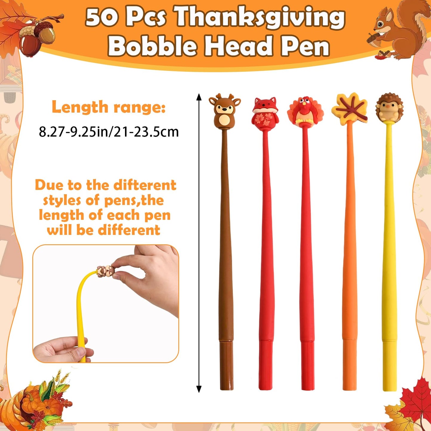LiYiQ 50 PCS Thanksgiving Stress Relief Bobblehead Pens Maple leaves Pumpkins Scarecrows Turkeys