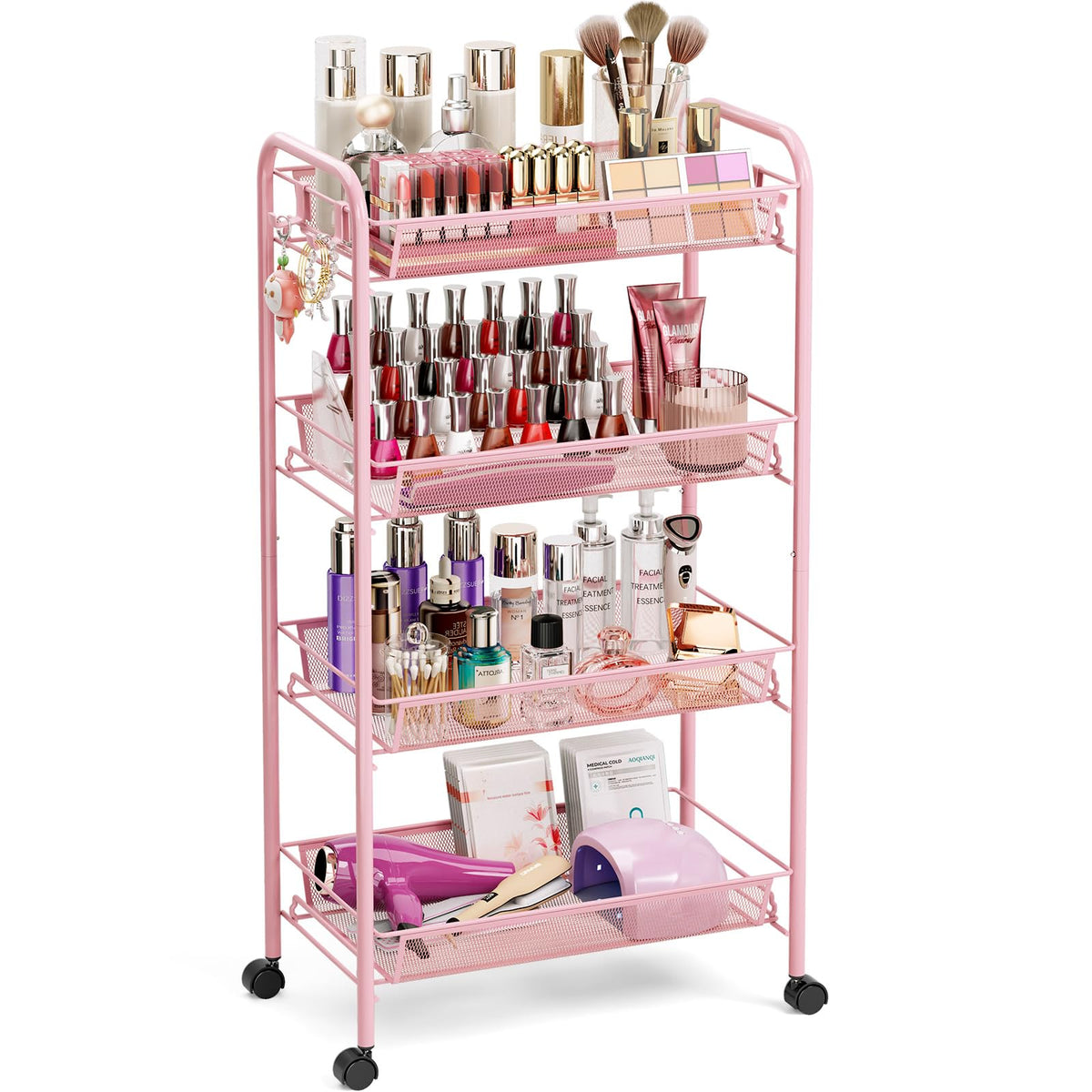 TOOLF 4 Tier Rolling Cart, Metal Utility Storage Cart with Wheels, Pink