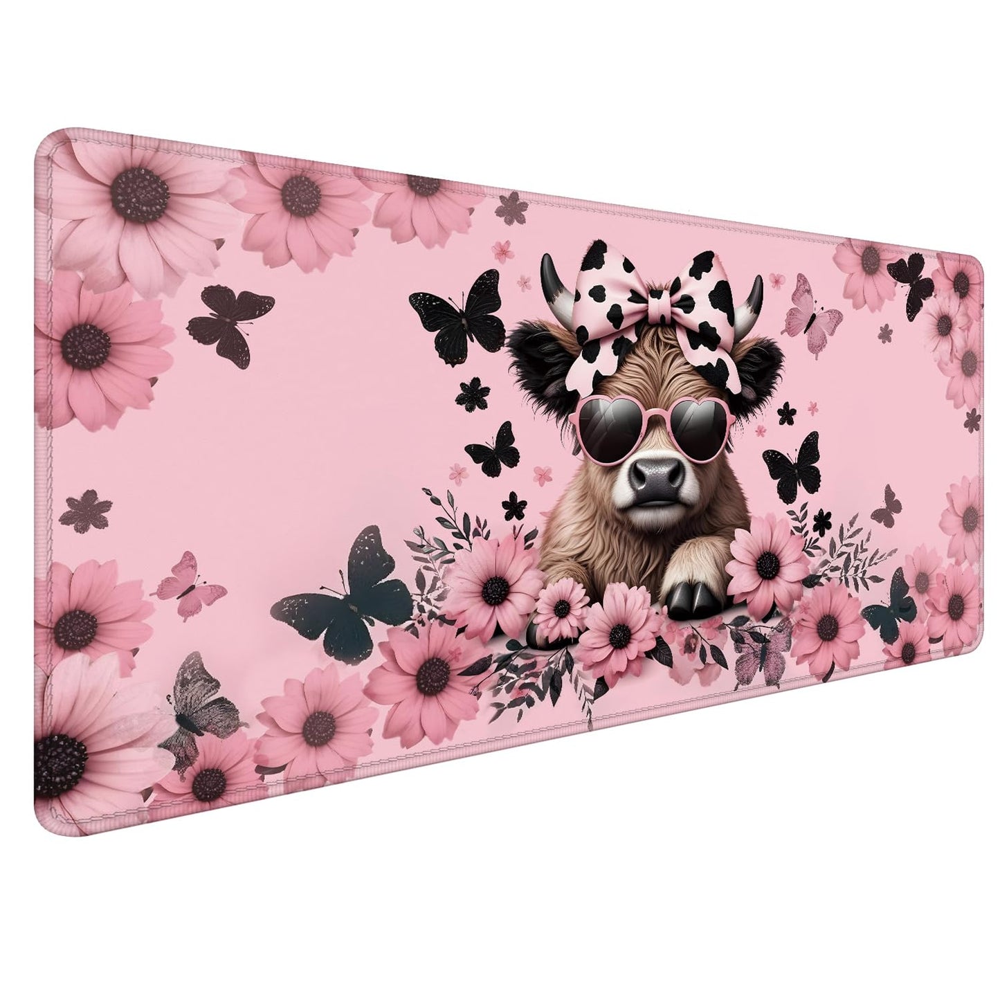 Foritho Funny Pink Floral Highland Cow Mouse Pad 31.5x15.7inch, Cute Heifer Cow Print Mouse Pads