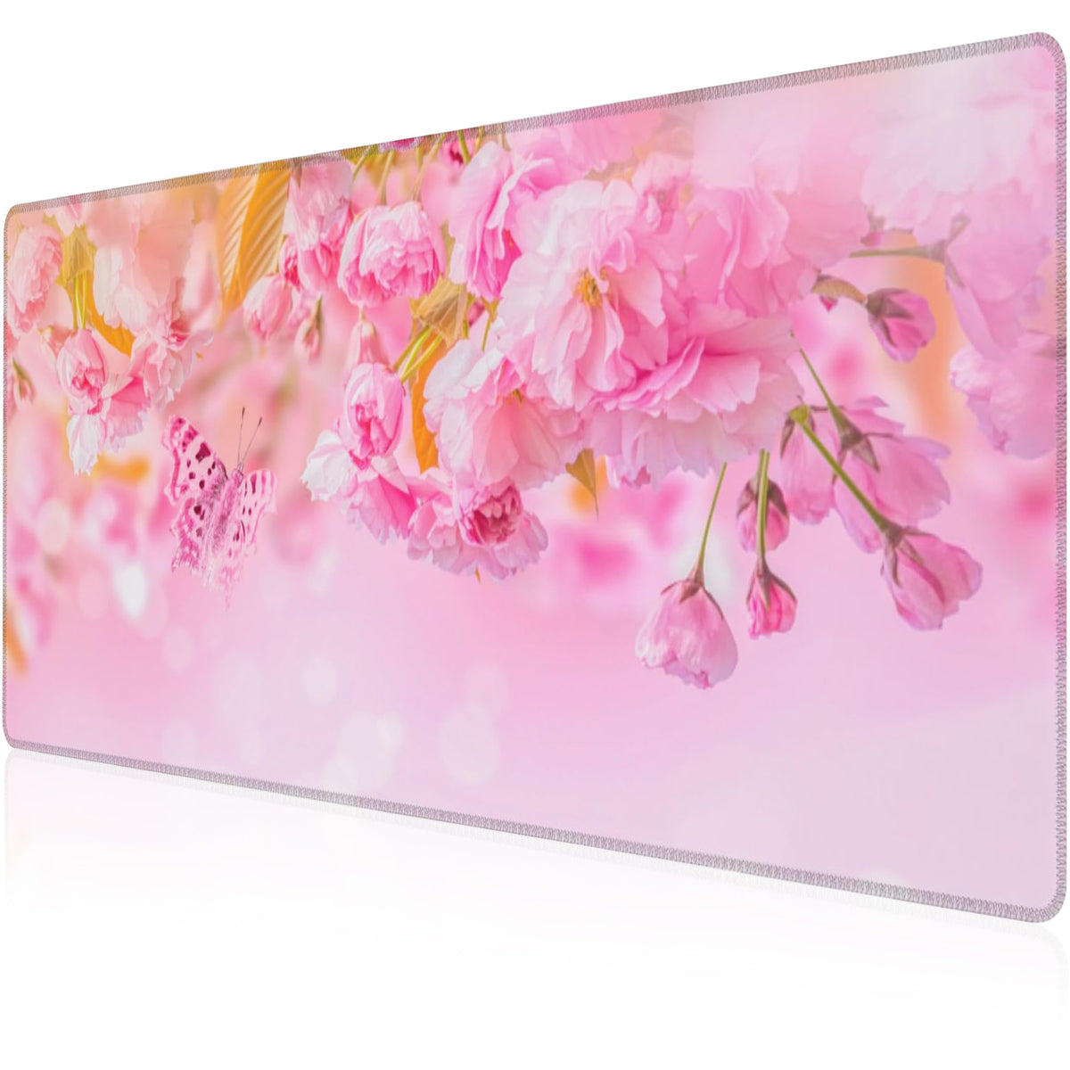 Mouse Pad, Large Pink Sakura and Butterfly Desk Mat, Extended Non-Slip Gaming Keyboard Mousepad