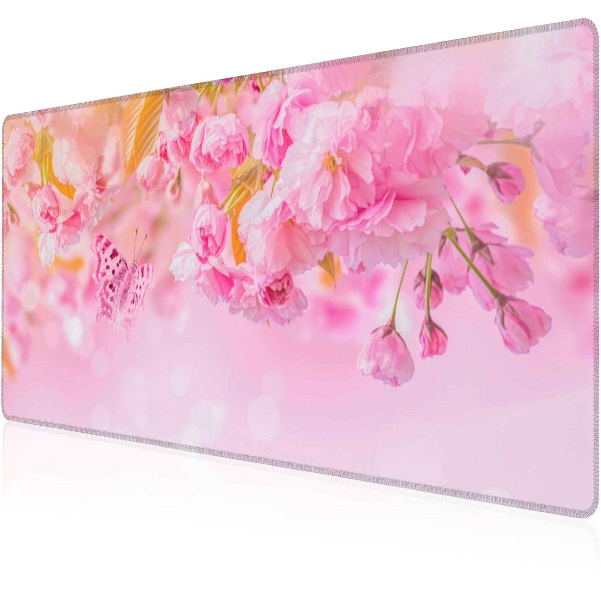 Mouse Pad, Large Pink Sakura and Butterfly Desk Mat, Extended Non-Slip Gaming Keyboard Mousepad