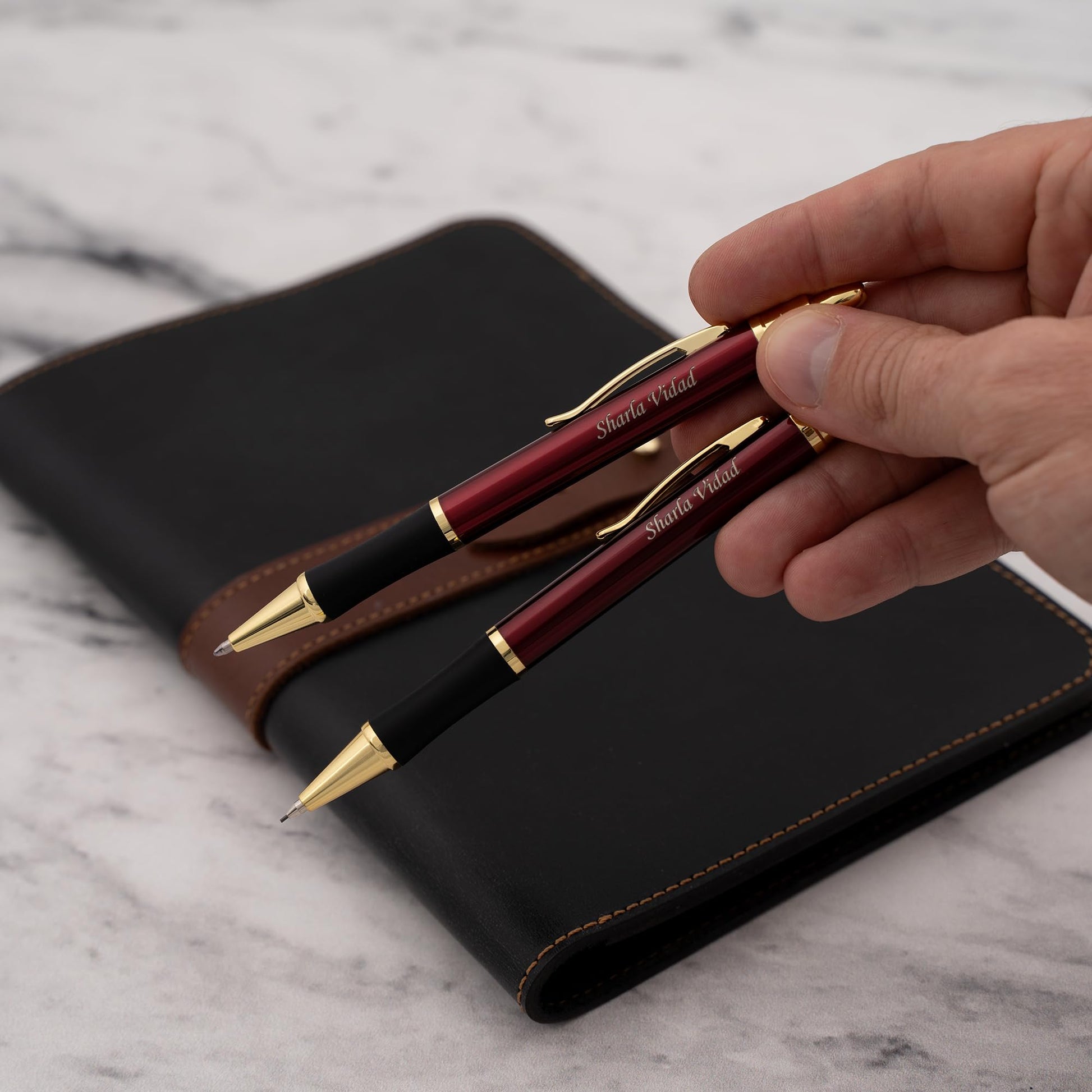 Dayspring Pens Monroe Personalized Pen & Pencil in Red Lacquer, Gold Trim