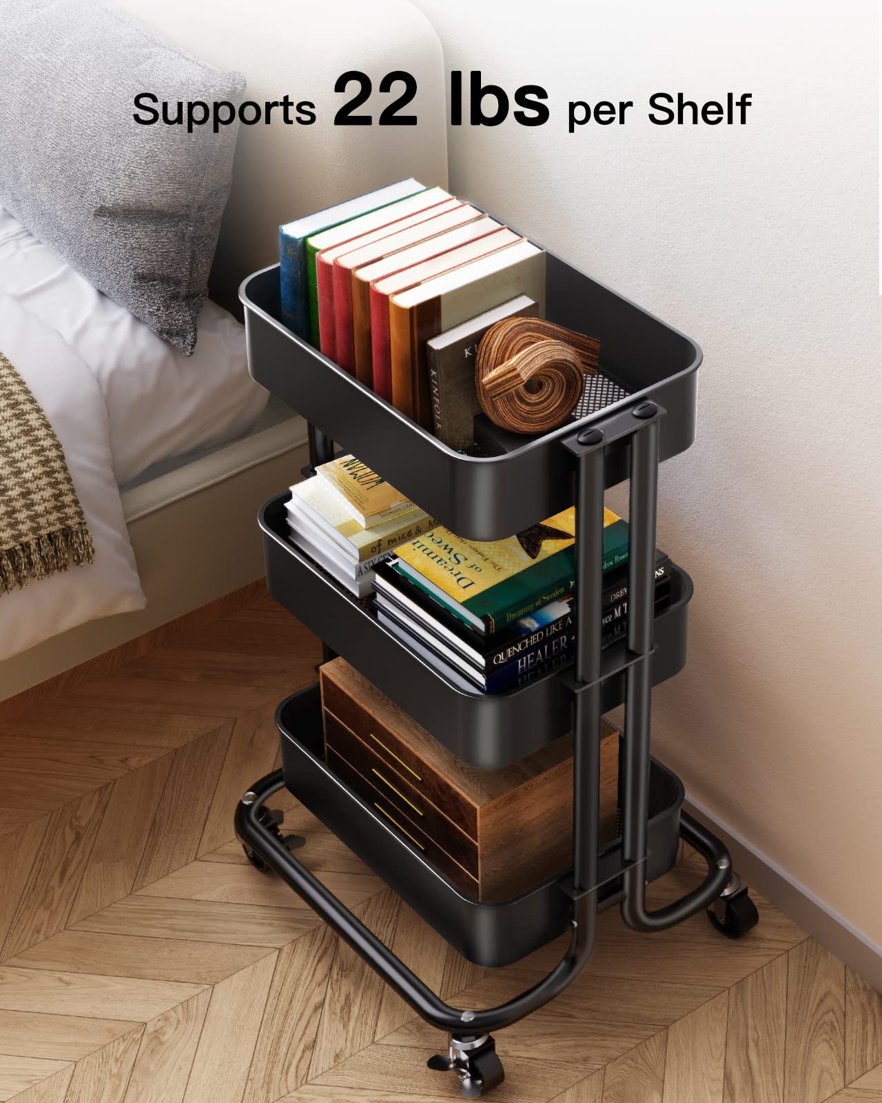 Pipishell 3 Tier Metal Rolling Utility Cart with 2 Lockable Wheels, Black