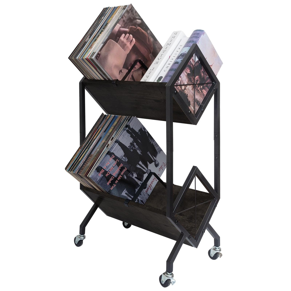 SwaaVee Vinyl Record Storage Holder with Wheels, 2-Tier Record Holder 160-200 LP with Dividers