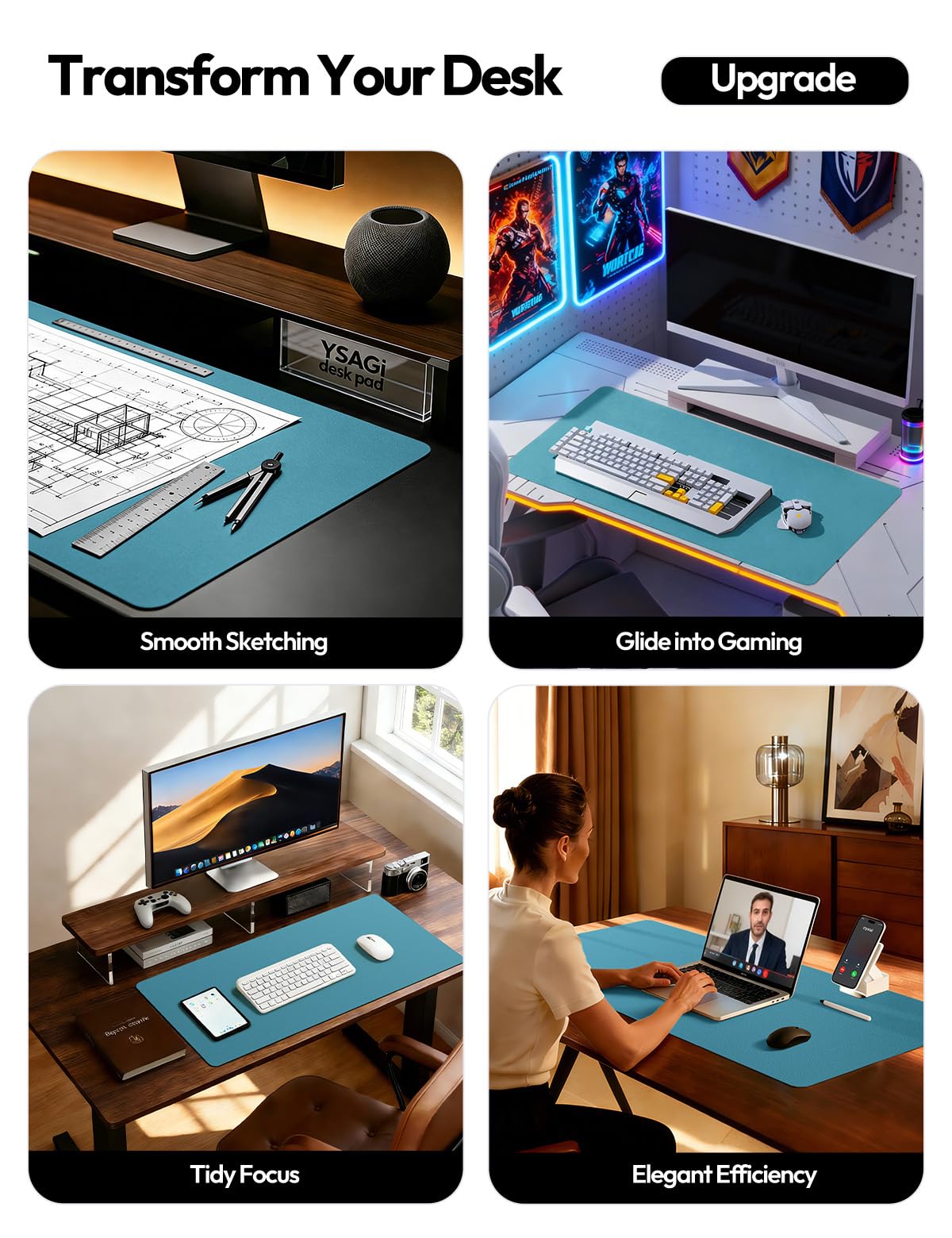 YSAGi Leather Desk Pad Protector, Office Desk Mat, Large Mouse Pad, Non-Slip PU Leather Desk