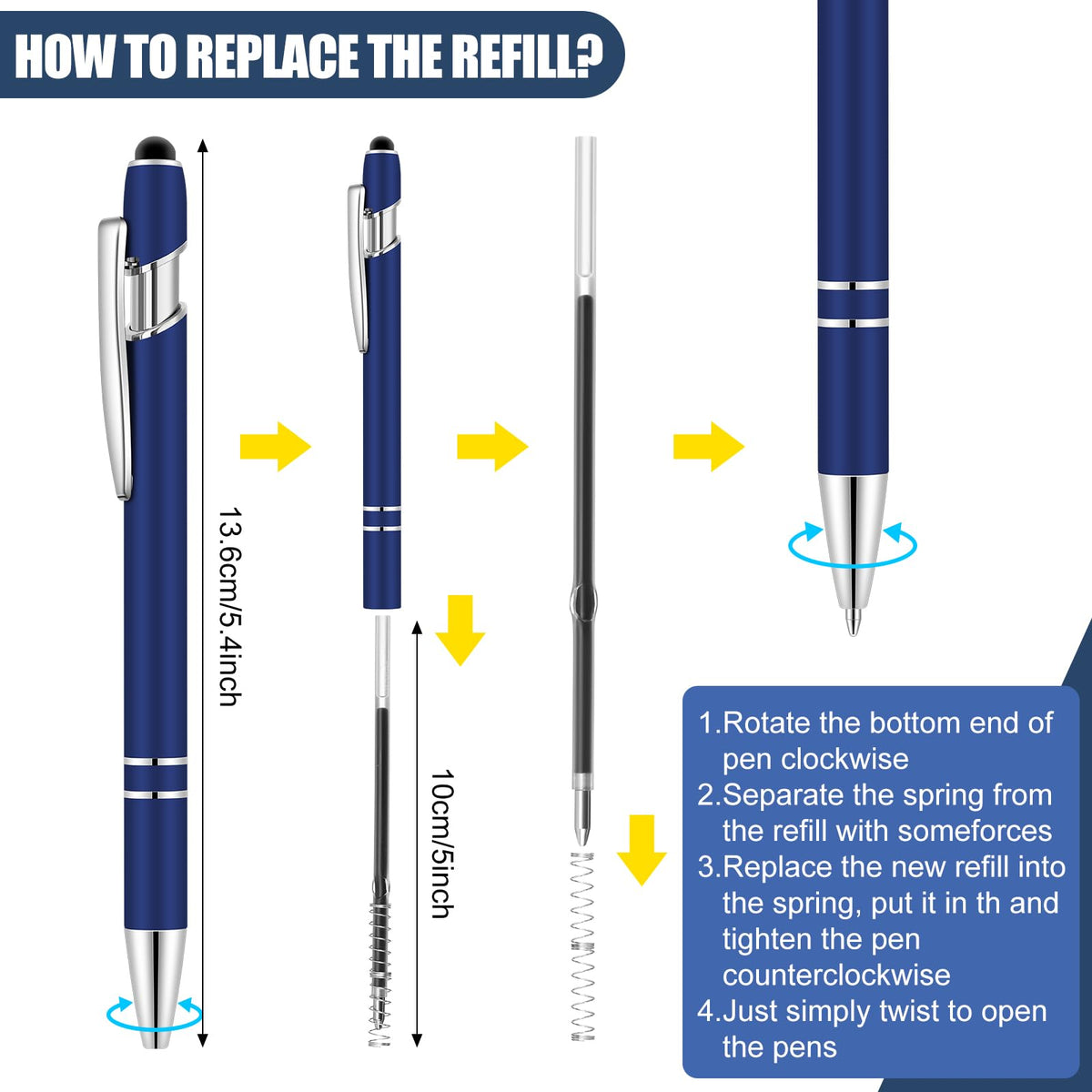 Leinuosen 72 Pcs Ballpoint Pen with Stylus Tip 1.0 mm/ 0.04 Inch Black Ink Metal Stylus Pen for