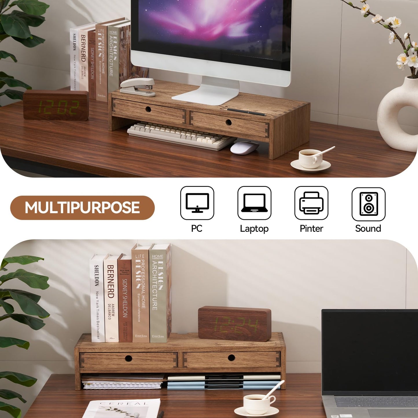 KIRIGEN Solid Wood Monitor Stand with 2 Drawers, Desk Riser, Brown PMJ-DBR