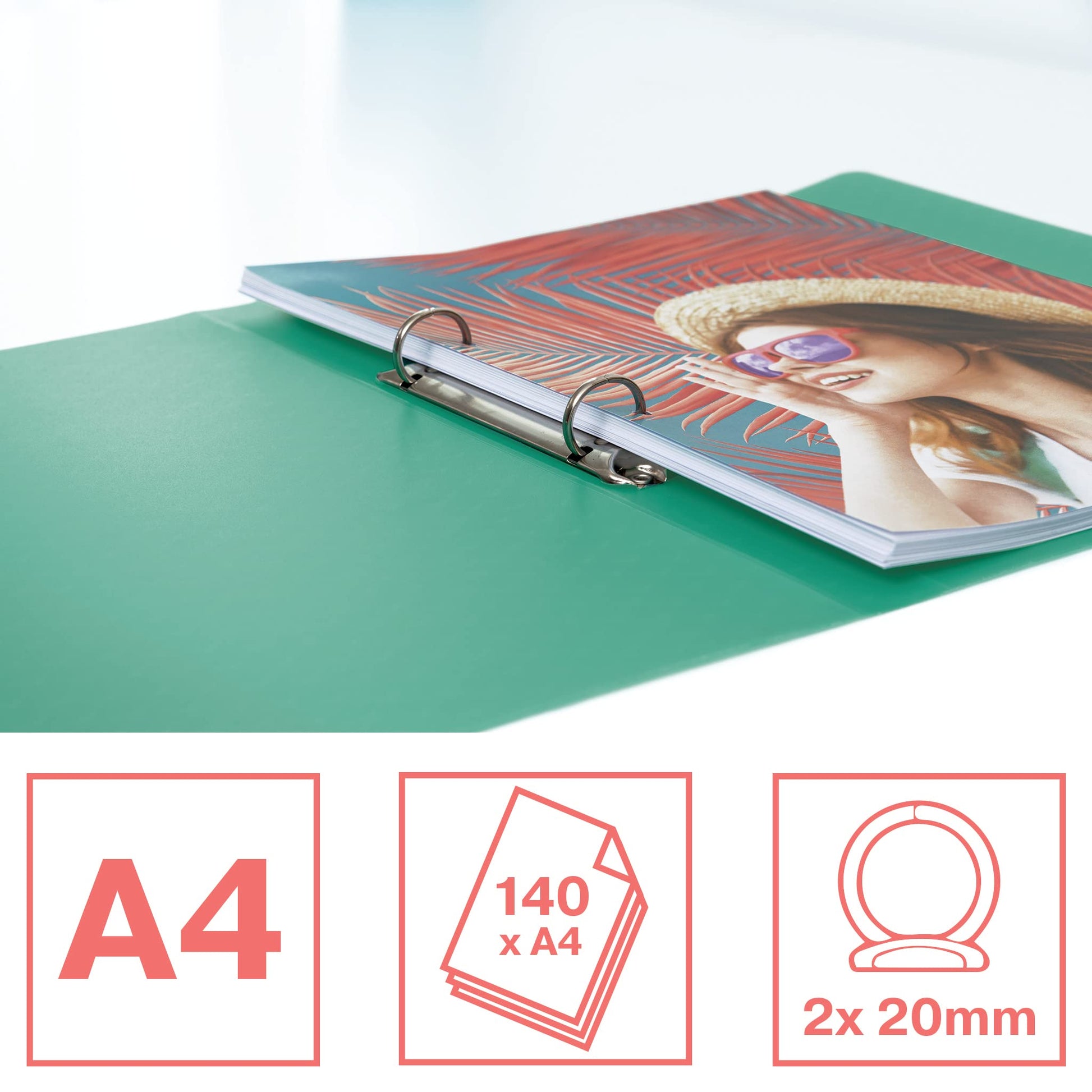 Esselte 2-Ring Binder, Holds up to 140 Sheets, Green, 547yds/12lb(5.44kg) 0.25mm, Single
