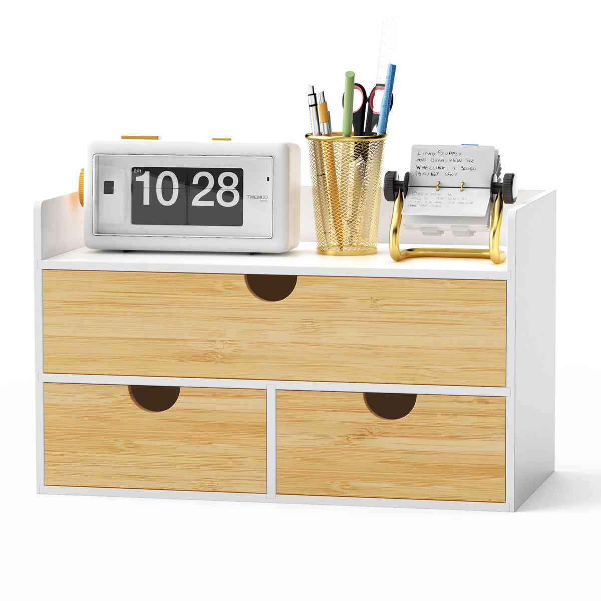 Bamboo Desk Organizer with Drawers, Desktop Storage for Office Supplies