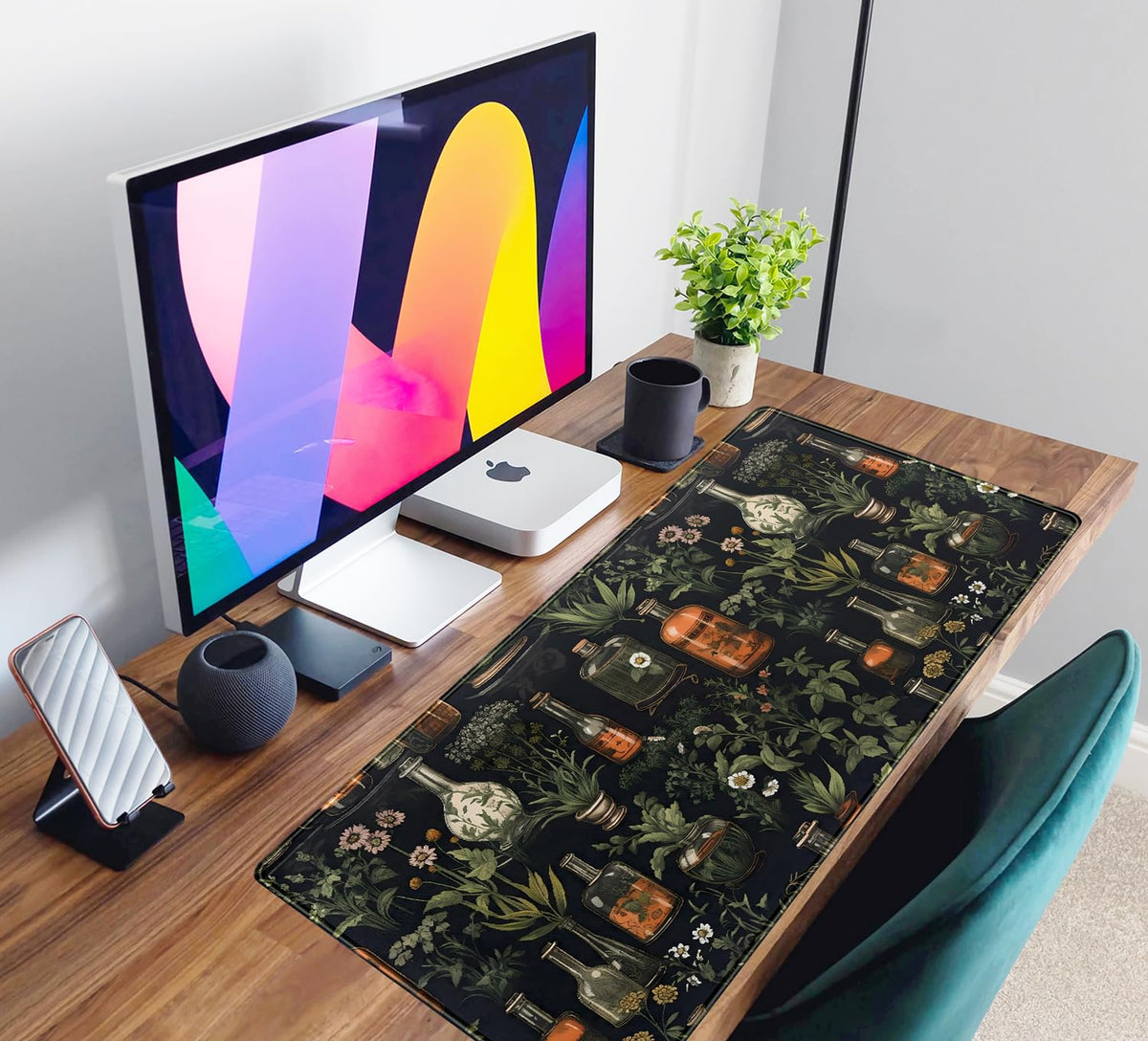 Black Aesthetics Desk Mat Mouse Pad Large Gaming Mouse Pad Desk Pad Mousepad, Mystical Green Plant