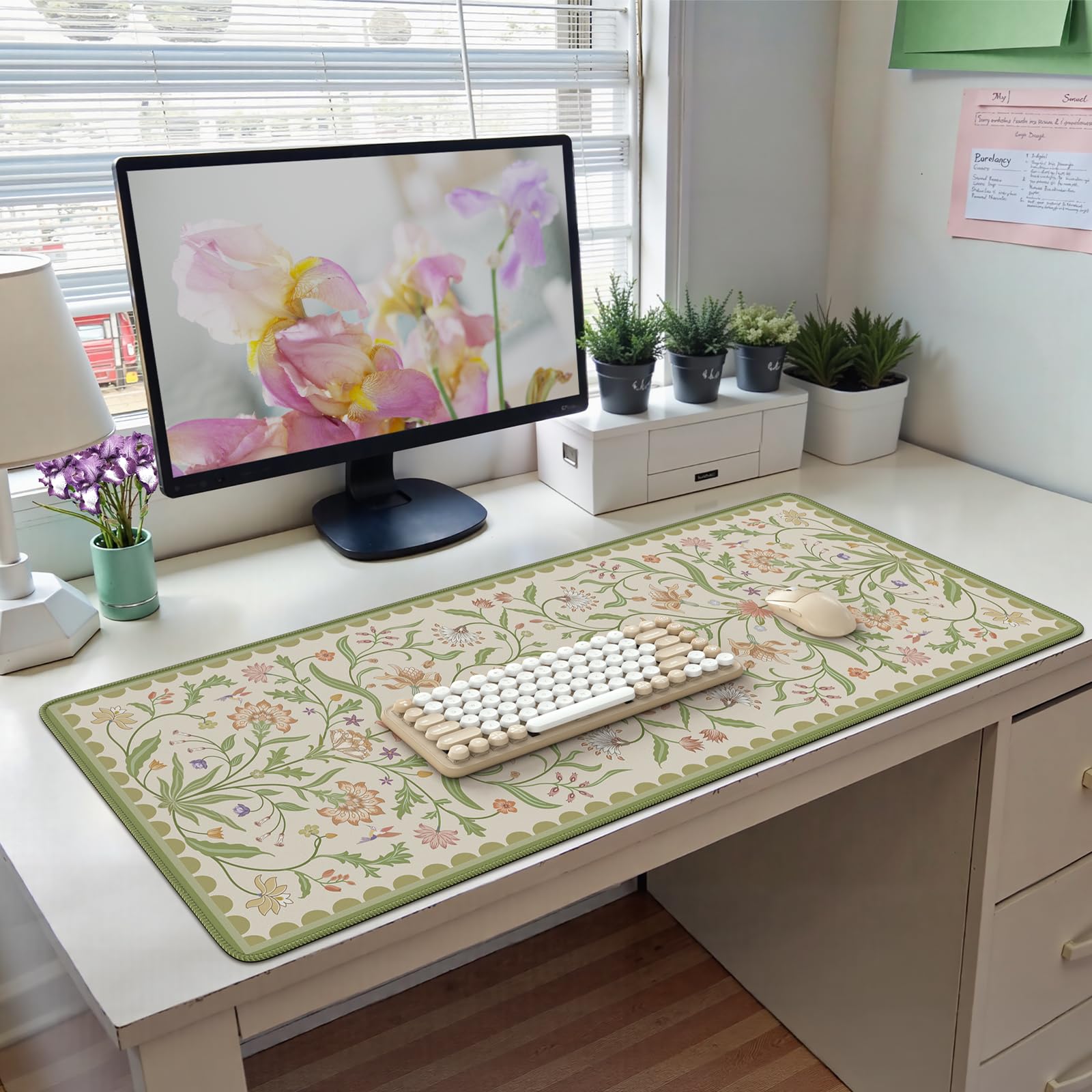 HAOCOO Sage Green Iris Desk Mat, Big Mouse Pad for Keyboard, Non-Slip Base