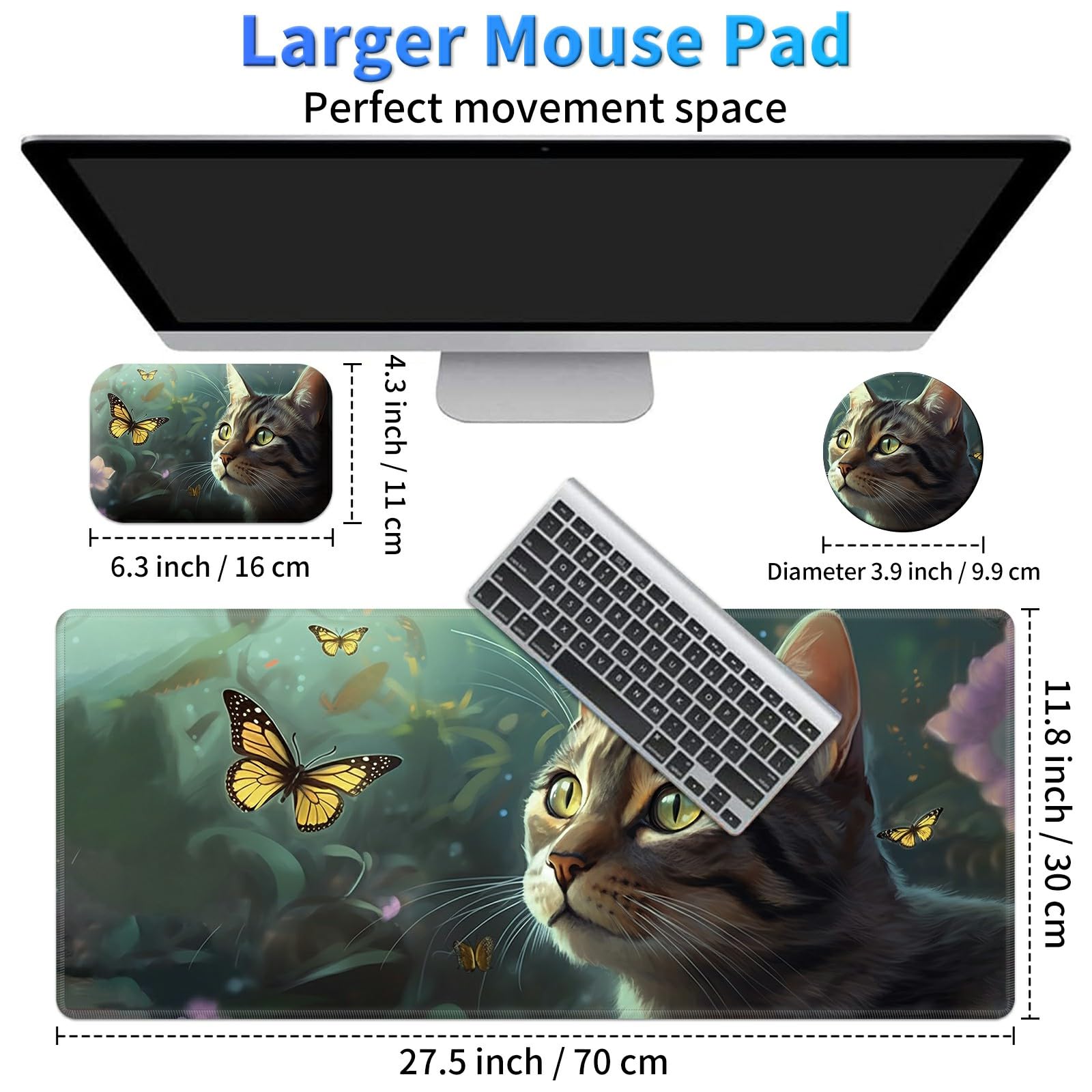BPQOJB Laptop Mouse Pad 27.5 x 11.8 inch & Small Wrist Rests with Coasters and Cute Cat & Butterfly