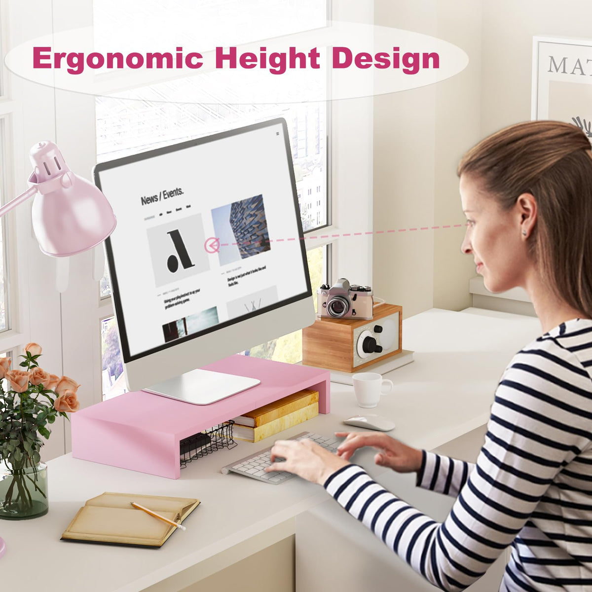 TEAMIX Pink Monitor Riser-20L inch, Wood Monitor Stand for Desk, Sturdy TV/Screen/PC/Printer/Laptop