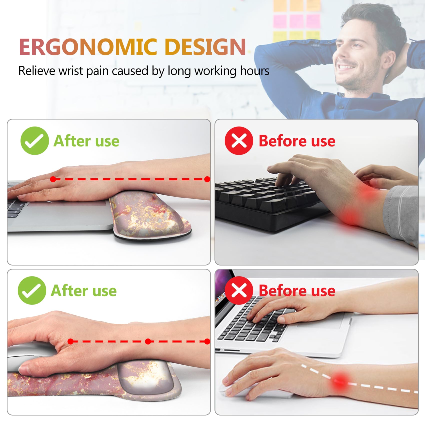 AIMSA Mouse Pad Wrist Support Set Keyboard Wrist Rest, Ergonomic Memory Foam Non-Slip Base Easy