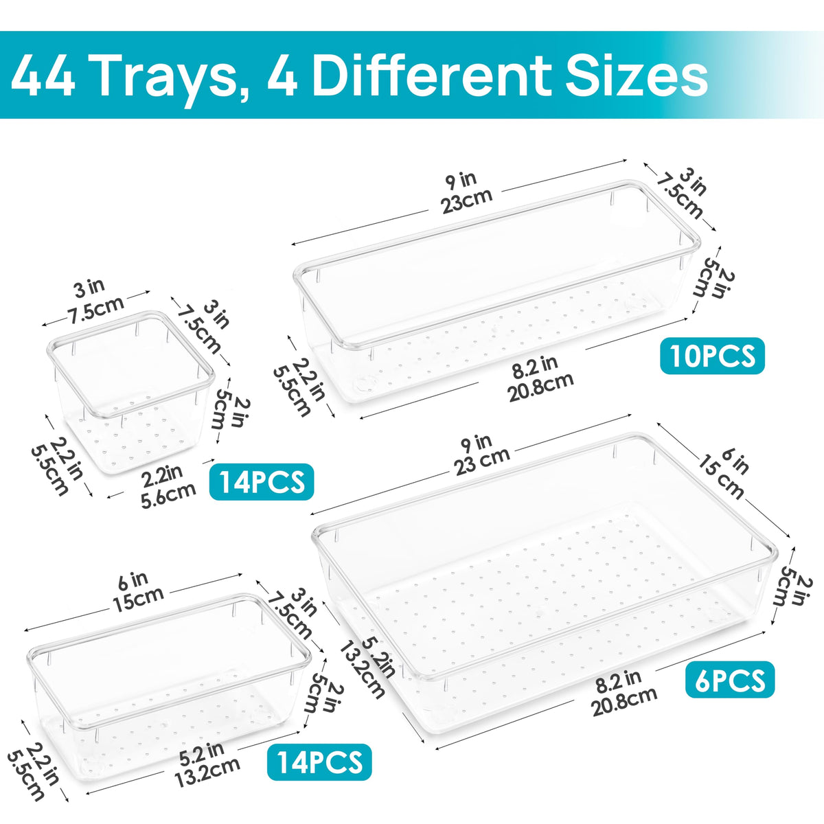 Vtopmart 44 PCS Clear Plastic Drawer Organizers Set, Vanity Organizer Trays