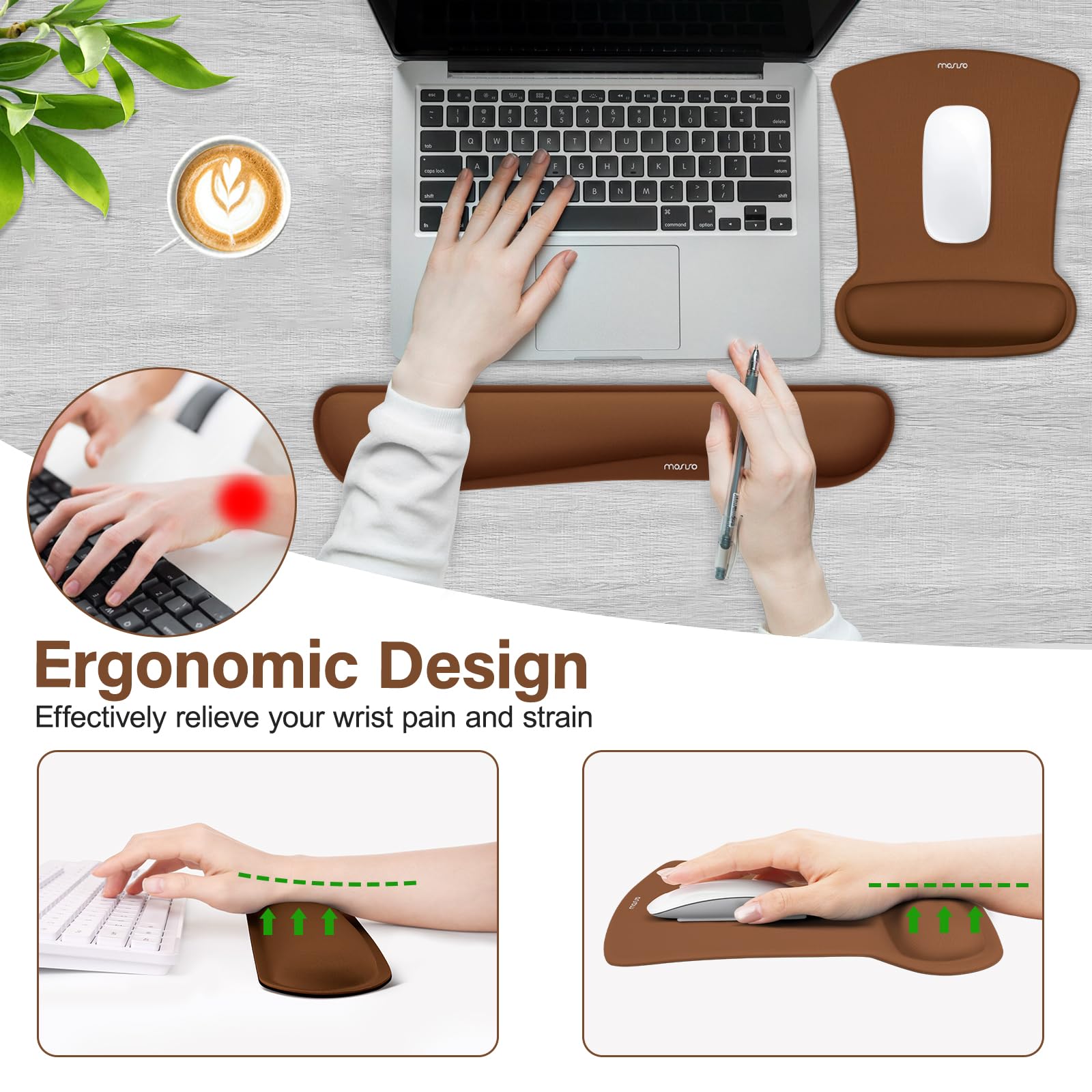 MOSISO Wrist Rest Support for Mouse Pad & Keyboard Set, Brown