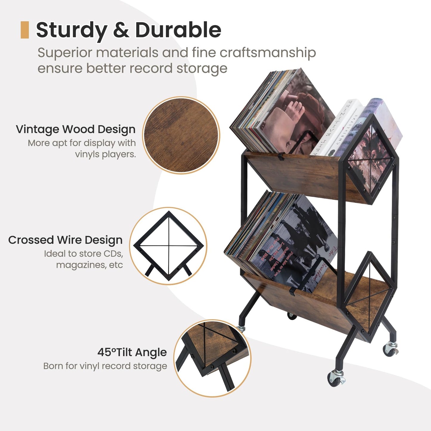 SwaaVee Vinyl Record Storage Holder with Wheels, 2-Tier Record Holder 160-200 LP with Dividers