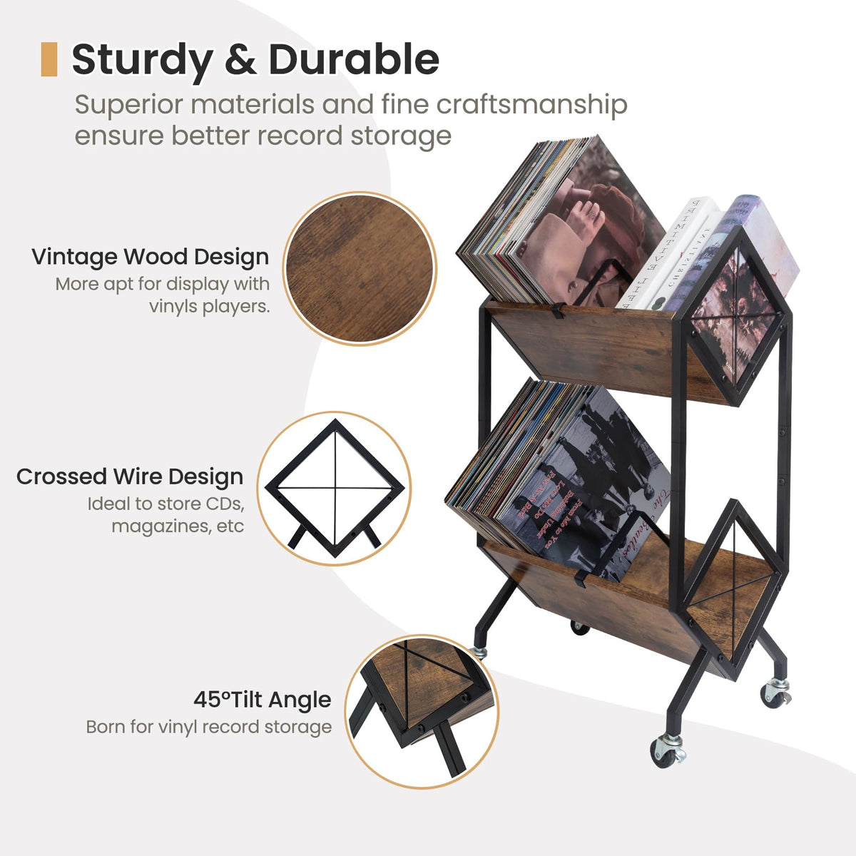 SwaaVee Vinyl Record Storage Holder with Wheels, 2-Tier Record Holder 160-200 LP with Dividers