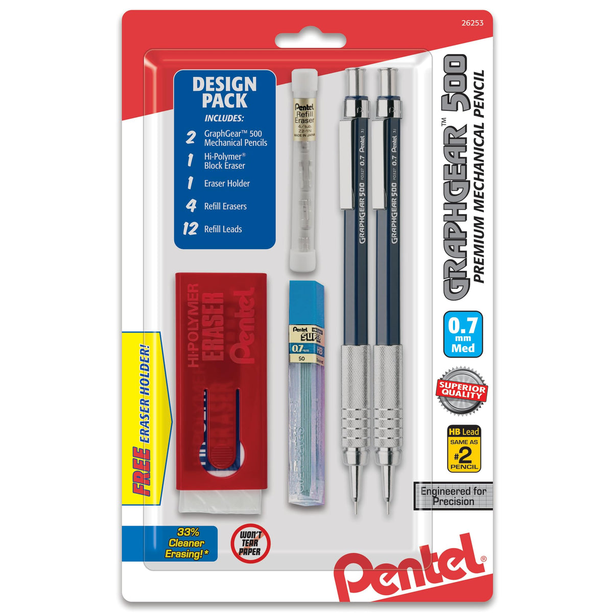 Pentel GraphGear 500 Automatic Pencil Kit, 0.7mm, Refill Leads, Block Eraser 2 Pack (PG527LEBP2)