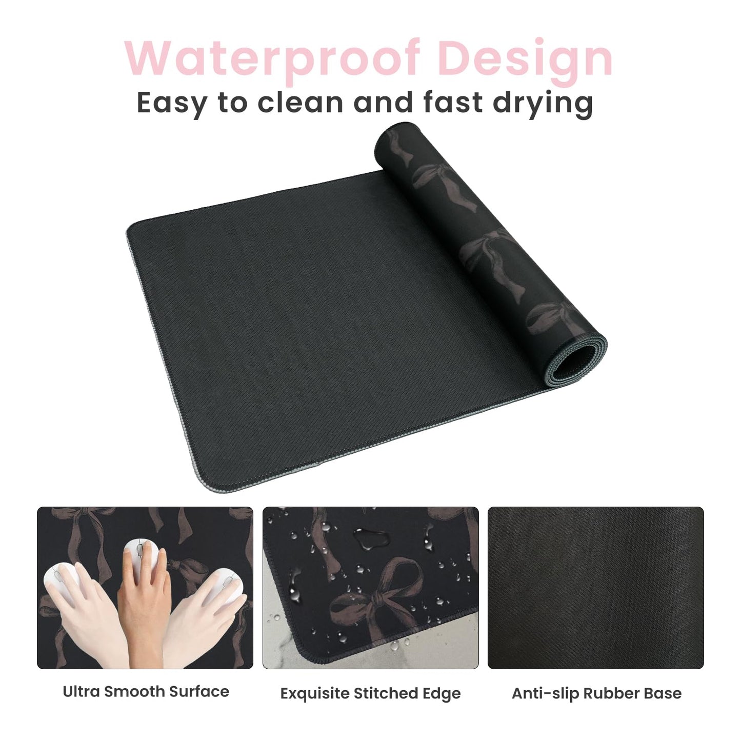 Black Desk Mat with Bows, Large Bow Mouse Pad Keyboard Mat for Computer Laptop Non-Slip Rubber Base