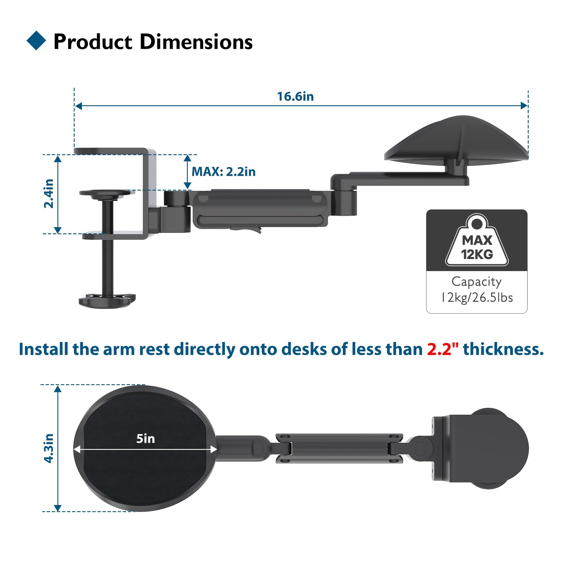 BONTEC Adjustable Arm Rest for Desk, 360° Rotating & Extendable, Aluminum