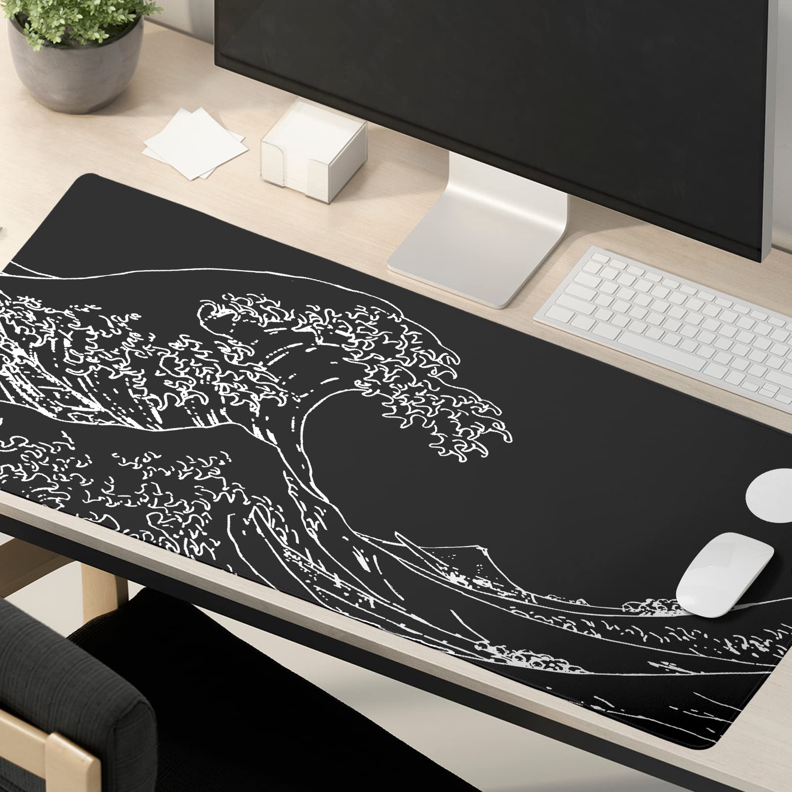 Black and White Japanese Sea Wave Mouse Pad,Extended Large Gaming Mouse Pads 31.5x11.8 in,Japanese