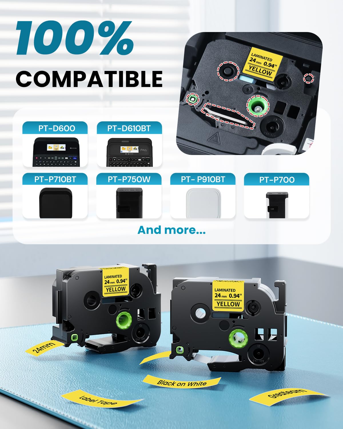 Replacement for Brother TZe-651 TZe651 P Touch Yellow Label Tape 24mm 0.94