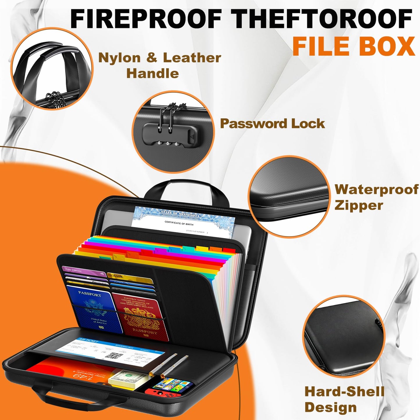 IPYIPY Fireproof Document Organizer with Lock, Semi-Rigid EVA Shell File Box with 13-Pocket