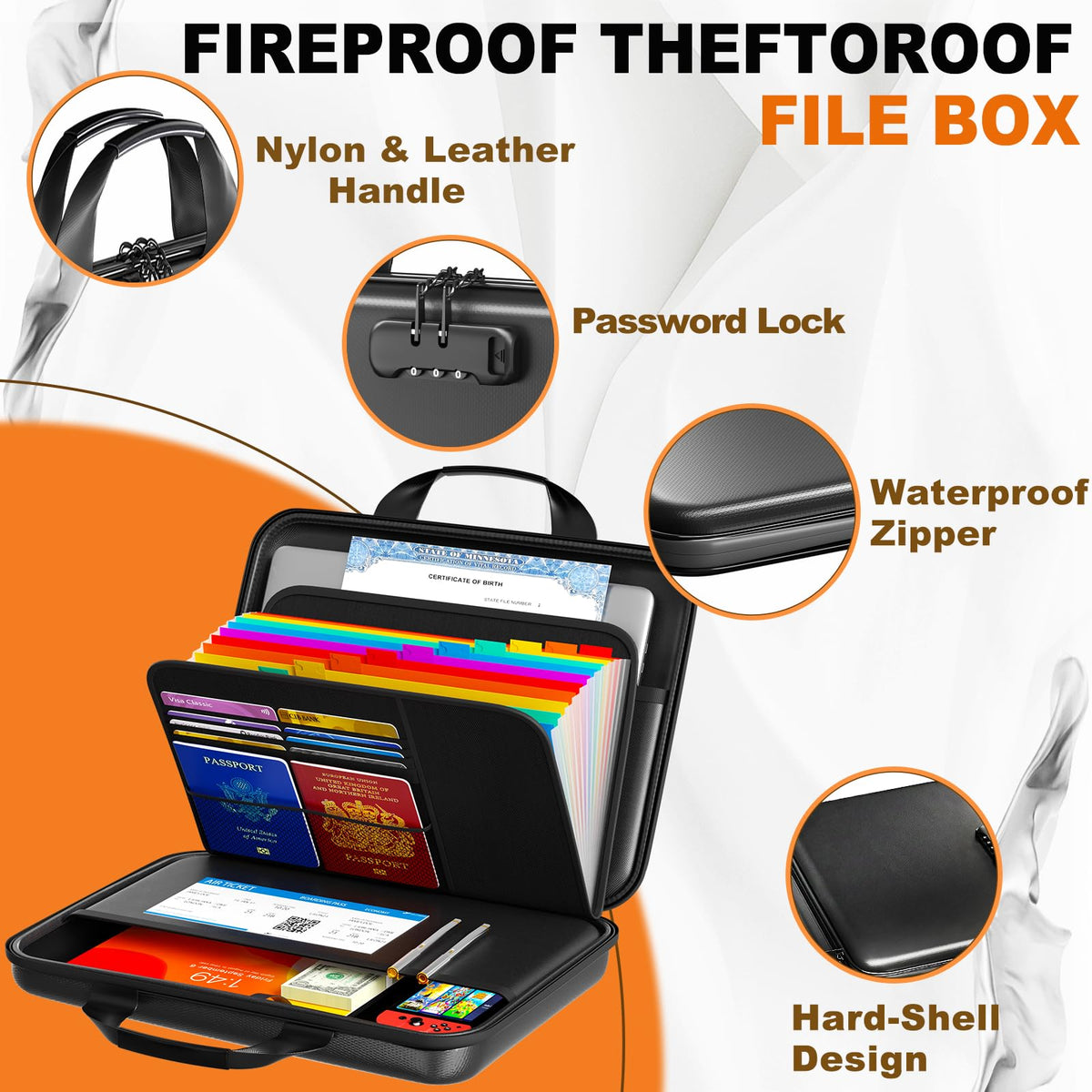 IPYIPY Fireproof Document Organizer with Lock, Semi-Rigid EVA Shell File Box with 13-Pocket