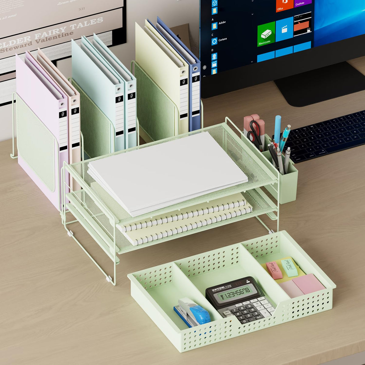 LEKETREE Green Desk Organizer, Office Organization with Vertical File Holder, File Organizer with