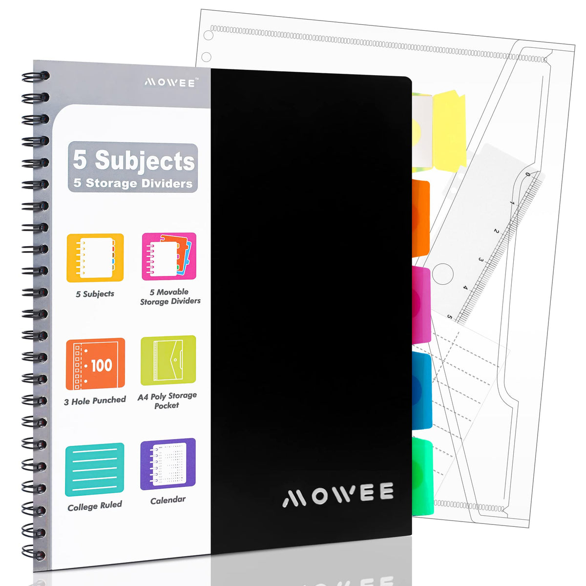 MOWEE Spiral Notebook - 5 Subject Notebook, College Ruled Notebook 3-Hole Punched With Dividers