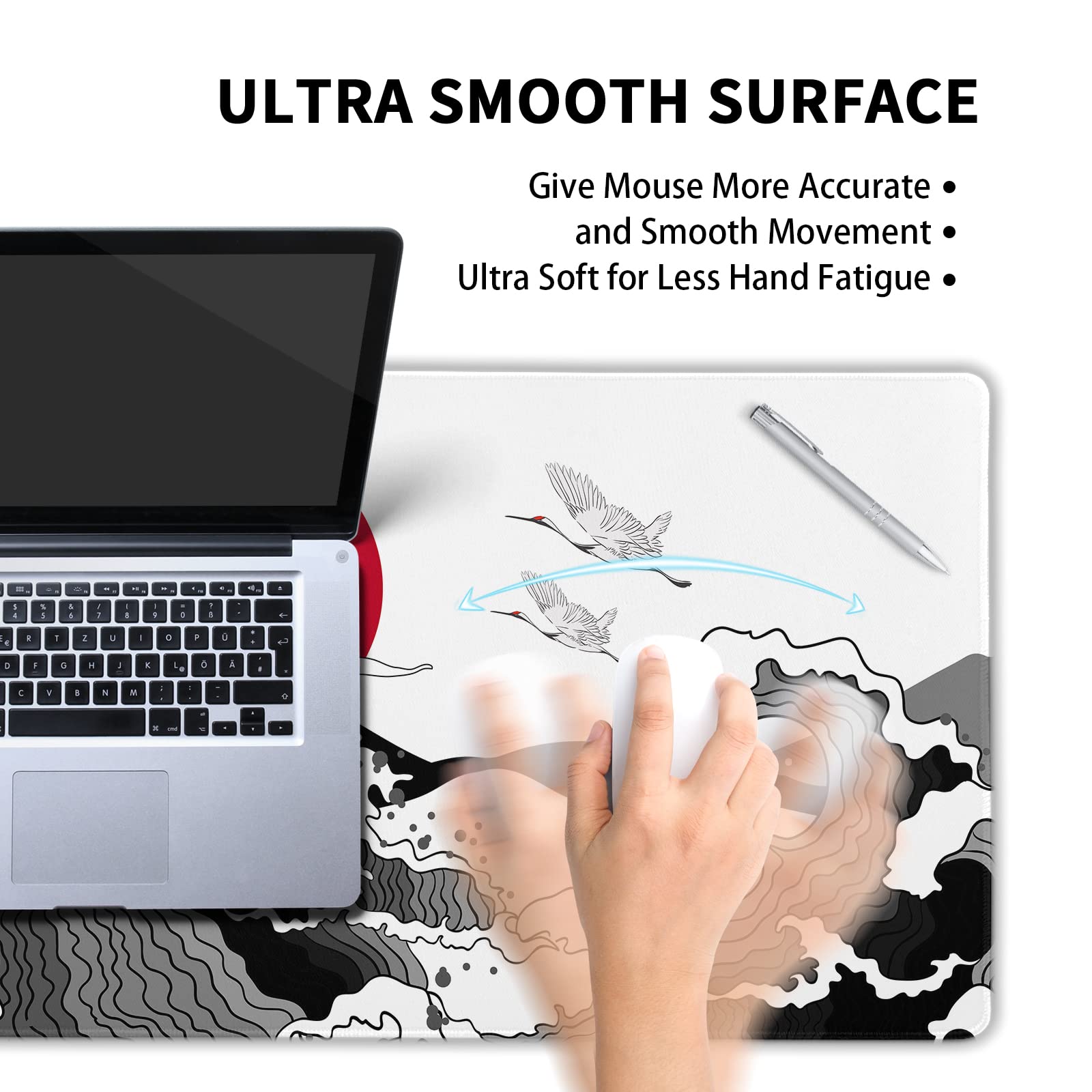Japanese Red and Black Wave Mouse Pad 35.4 X 15.7 Inch Extended Large Cool Mouse Mat Non-Slip