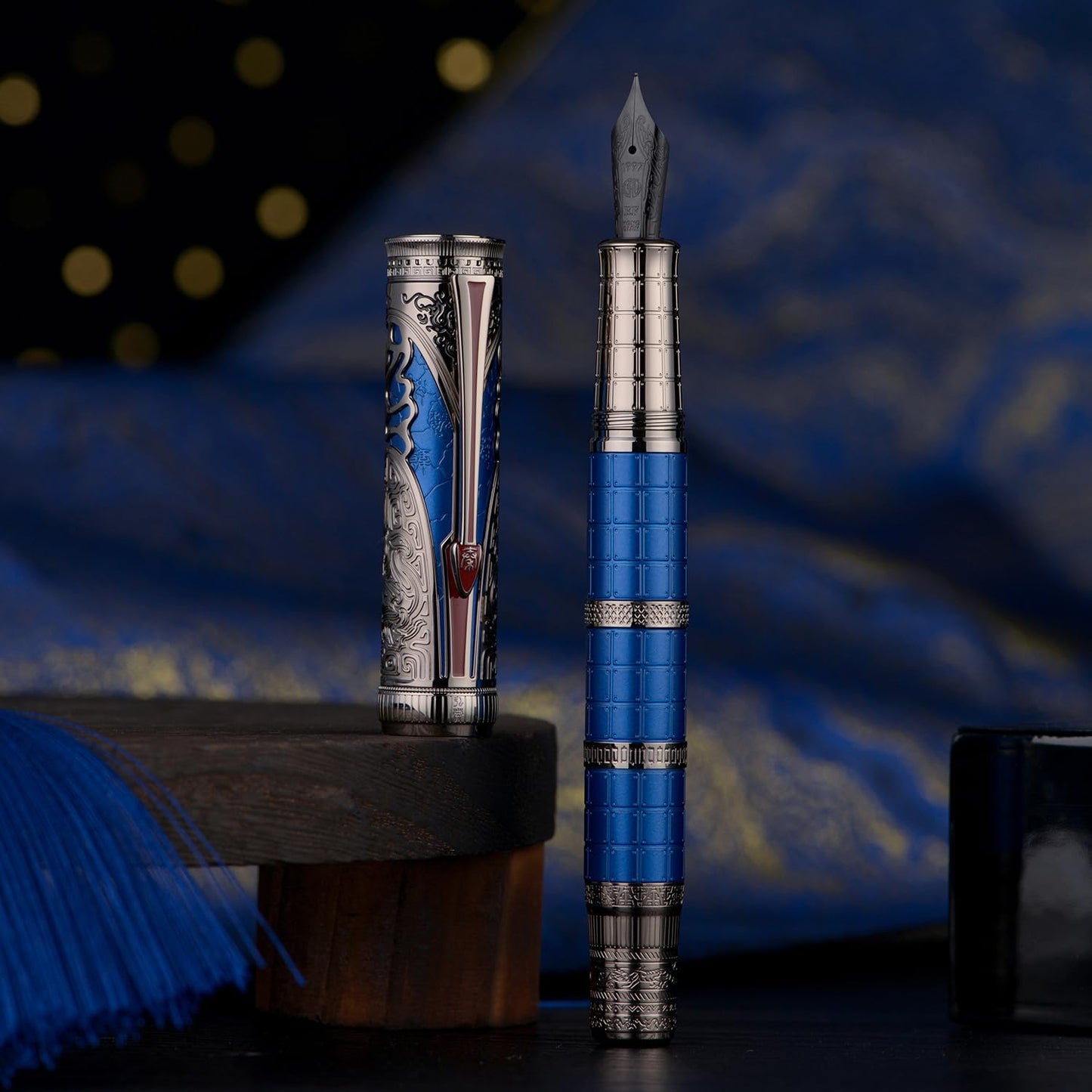 Hongdian D5X Fountain Pen Blue Color Fine Nib, Qin Dynasty Retro Chinese Totem Engraving Smooth